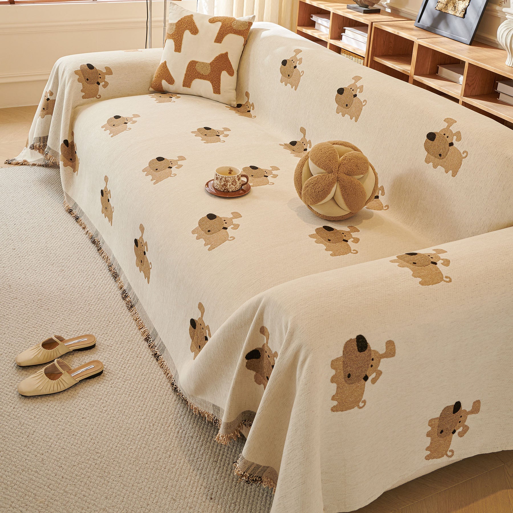 Cute Dog Pattern Chenille Sofa Throw Cover, Textured Woven Furniture Covers for Pets