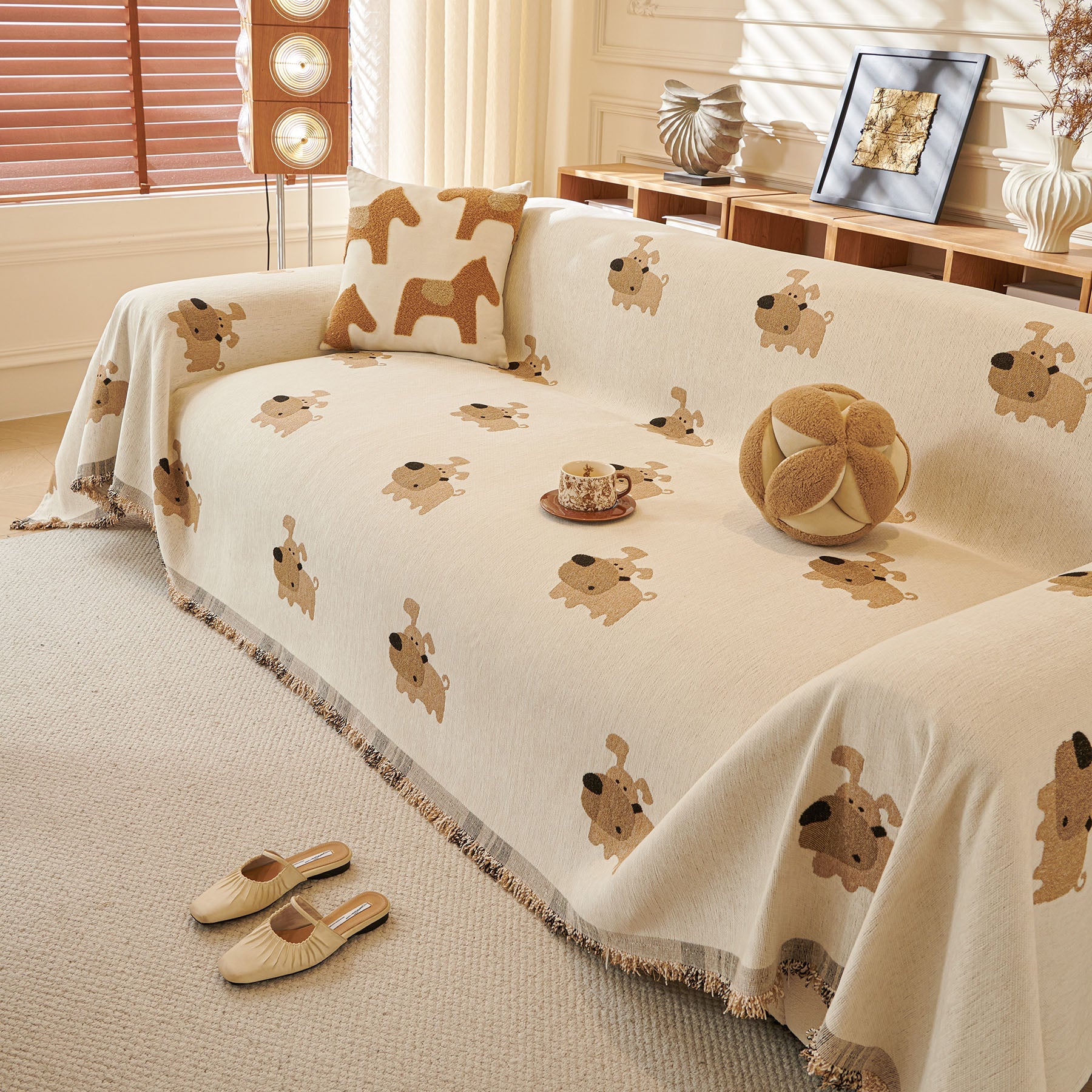 Cute Dog Pattern Chenille Sofa Throw Cover, Textured Woven Furniture Covers for Pets