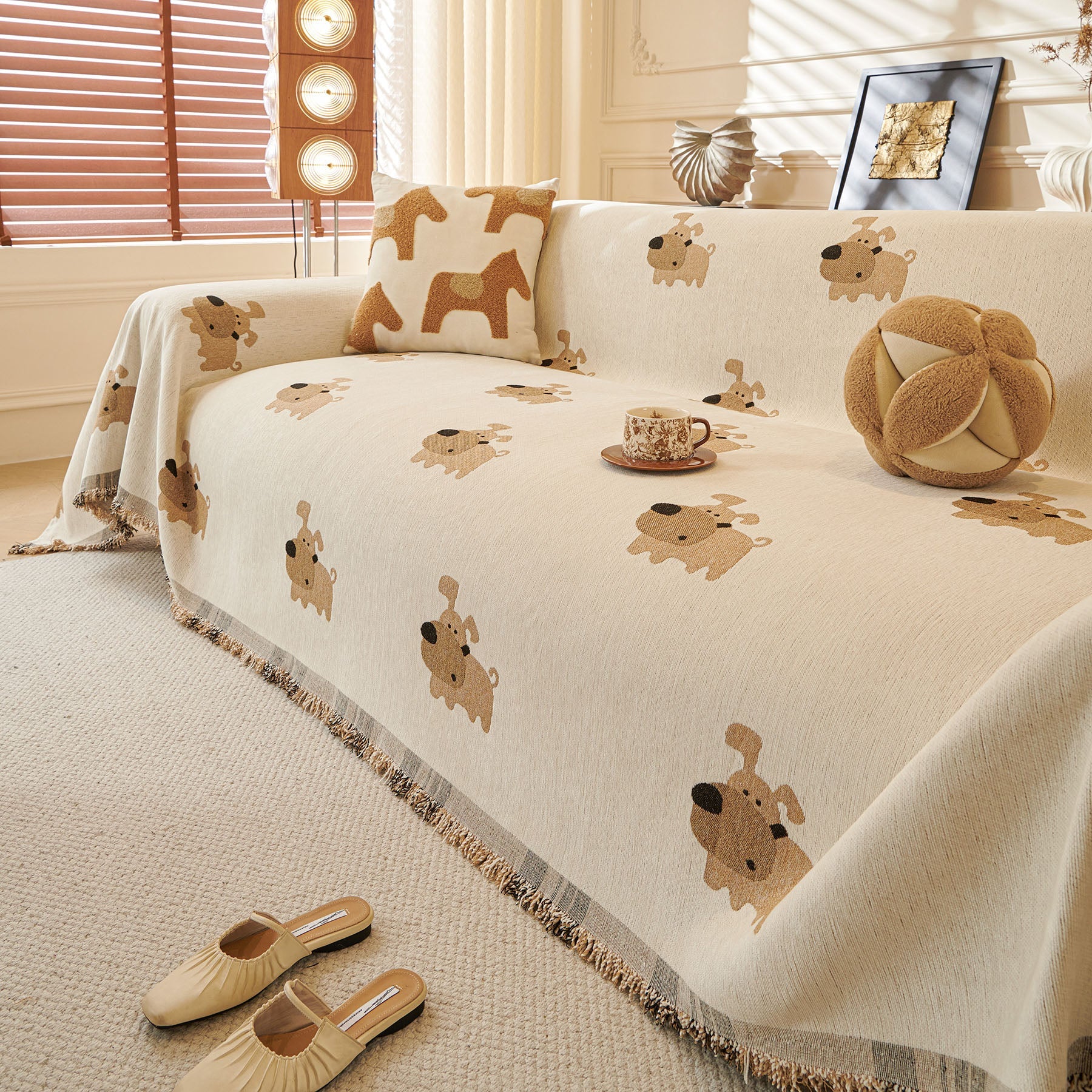 Cute Dog Pattern Chenille Sofa Throw Cover, Textured Woven Furniture Covers for Pets