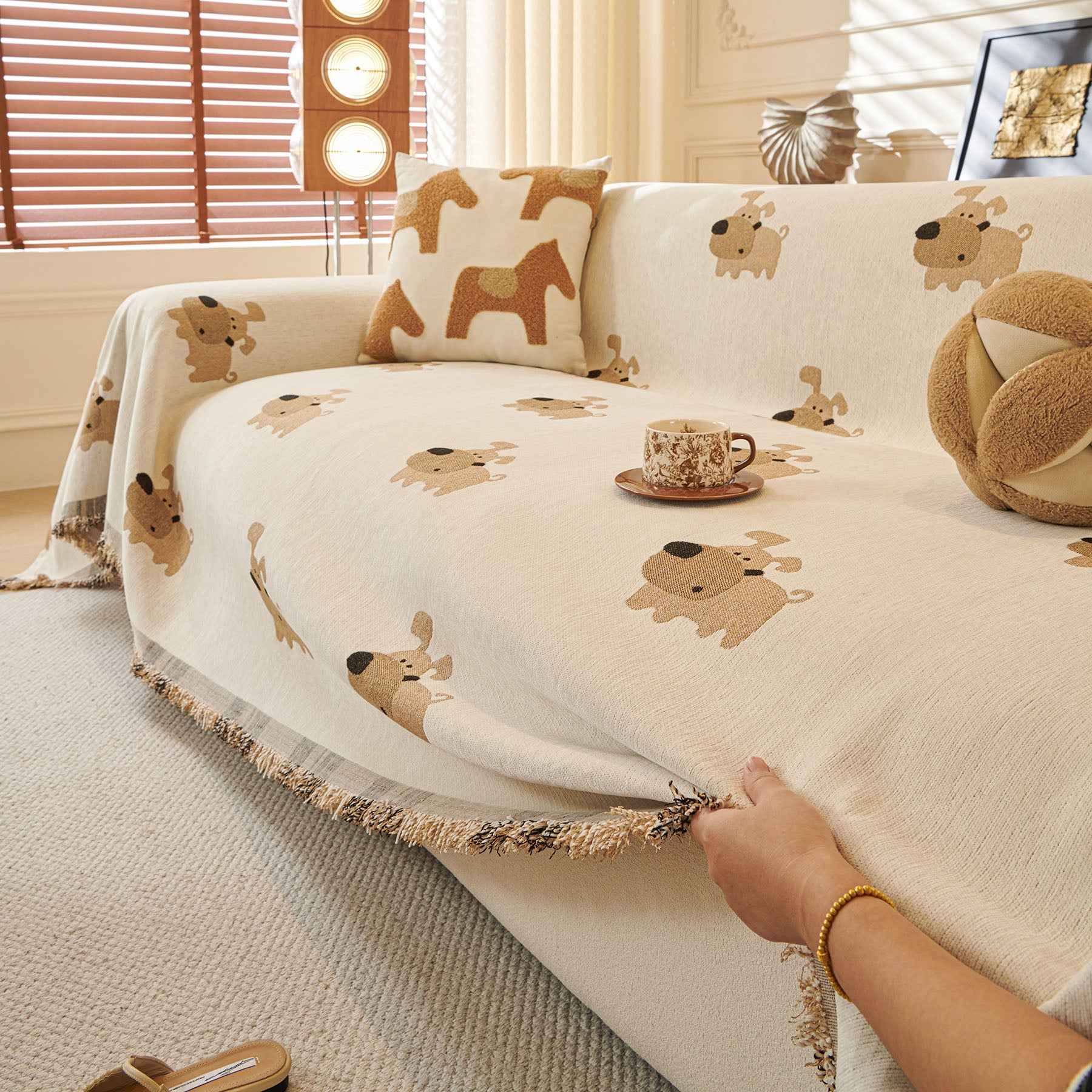 Cute Dog Pattern Chenille Sofa Throw Cover, Textured Woven Furniture Covers for Pets