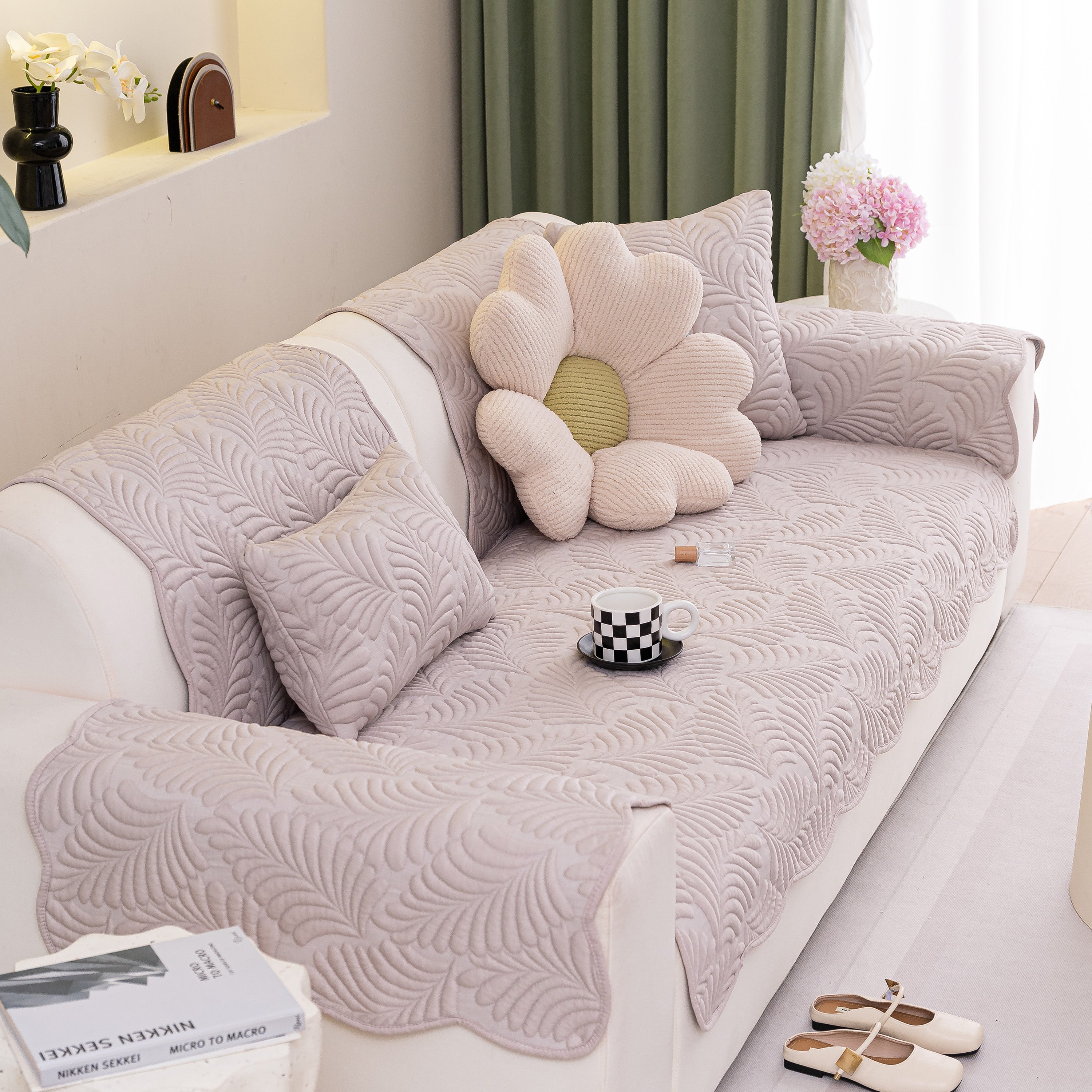Sofa Cover for Leather & Fabric Couches, 3D Leaf Embossed Quilted Furniture Covers