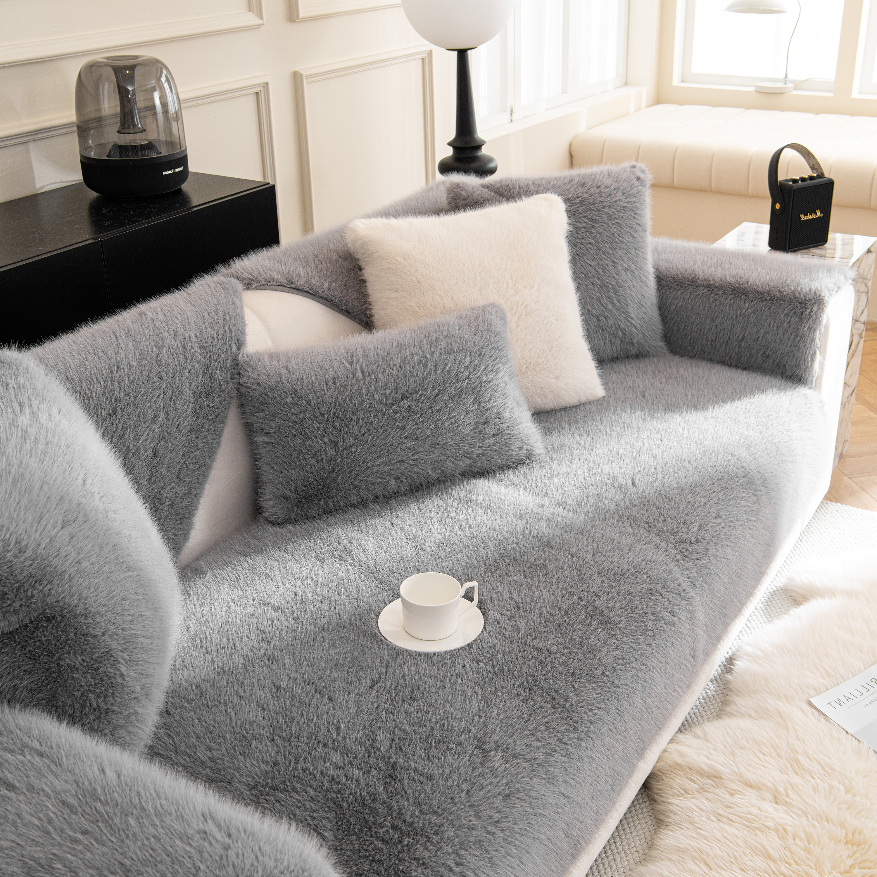 Faux Mink Velvet Luxury Fluffy Sofa Cushion, Winter Warm Thick Plush Non-slip Sofa Covers