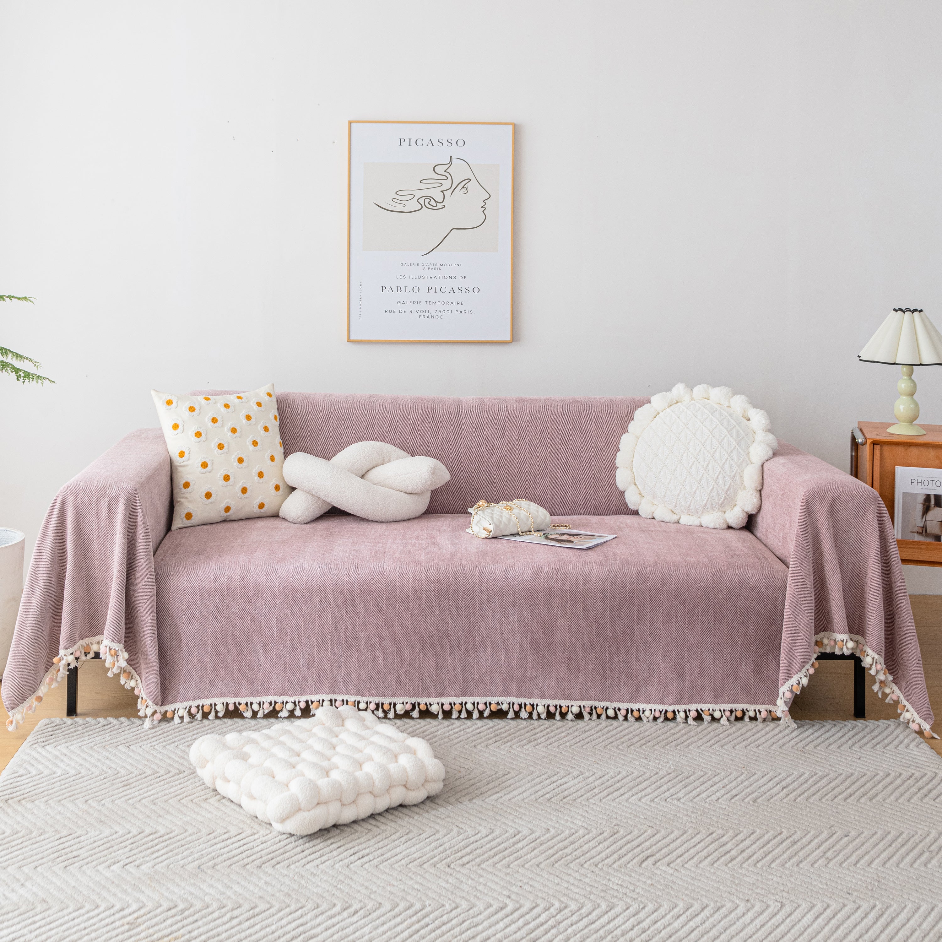 Couch Cover Sectional L Shape Chenille Herringbone Couch Throw Cover with Tassel Pom-Poms for Pets