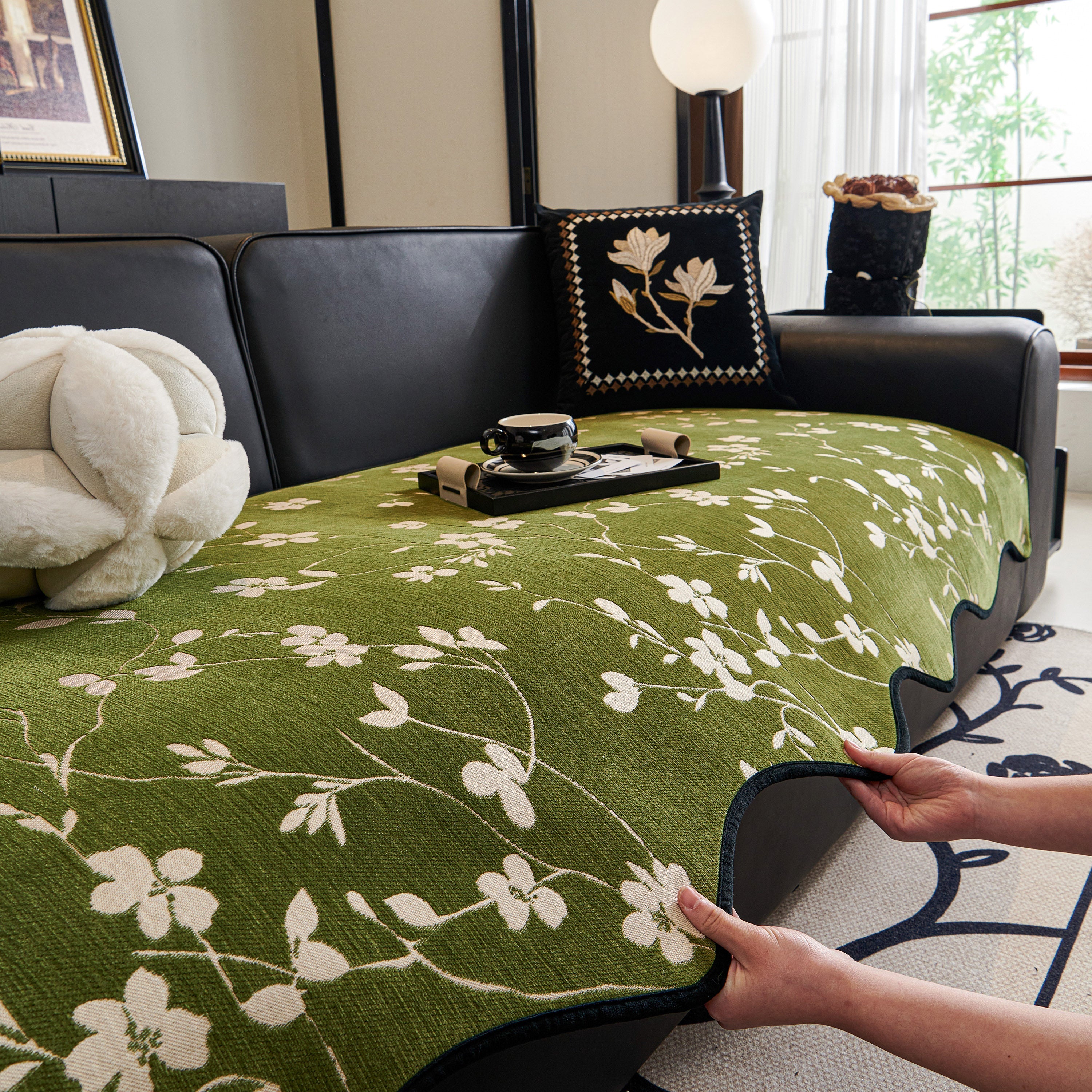 Floral Chenille Couch Cover, Non-Slip Sofa Slipcover Protector for Furniture