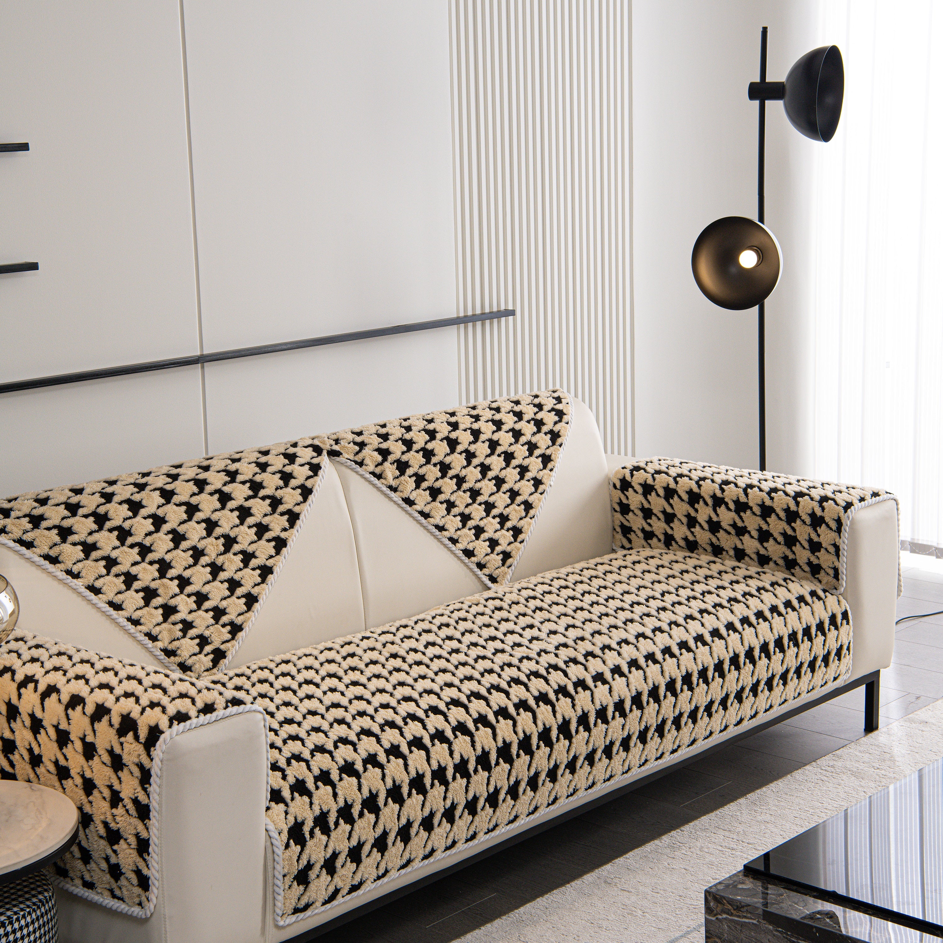 Winter Thickened Sherpa Fleece Houndstooth Sofa Cushion, Non-slip Sofa Cover with Plush