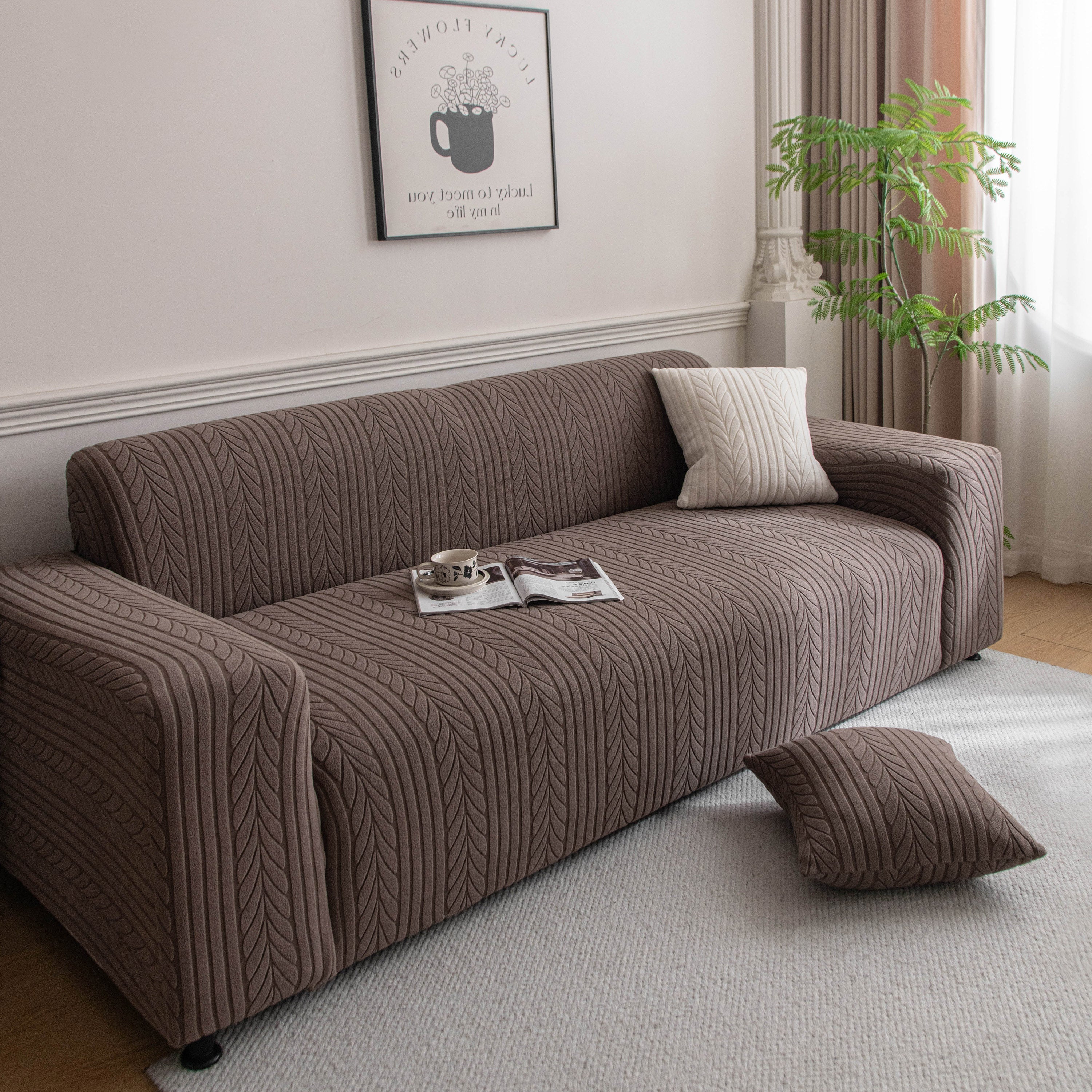 Plush Fleece Sofa Slipcover with 3D Wheat Pattern, Cozy High-Stretch Couch Cover