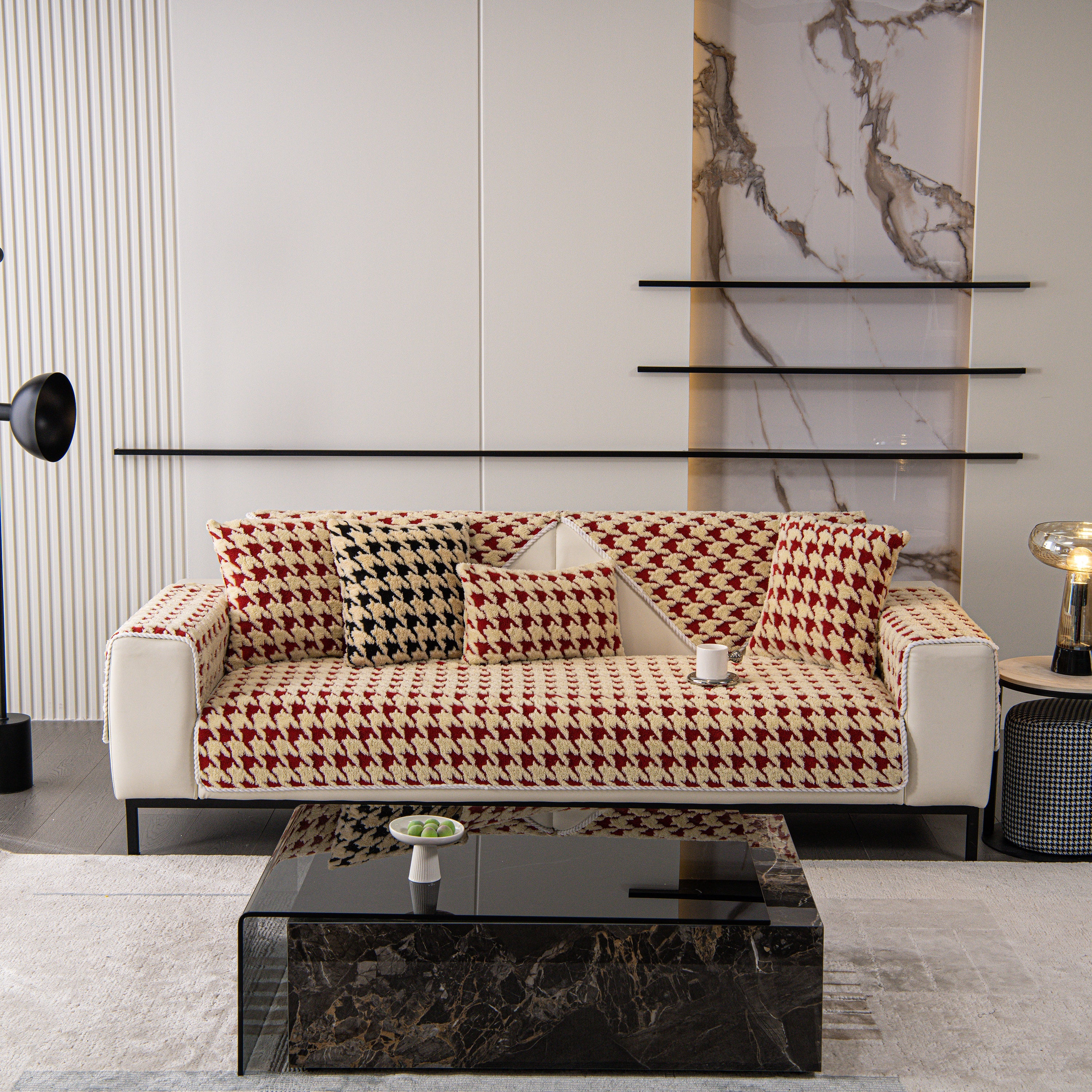 Winter Thickened Sherpa Fleece Houndstooth Sofa Cushion, Non-slip Sofa Cover with Plush