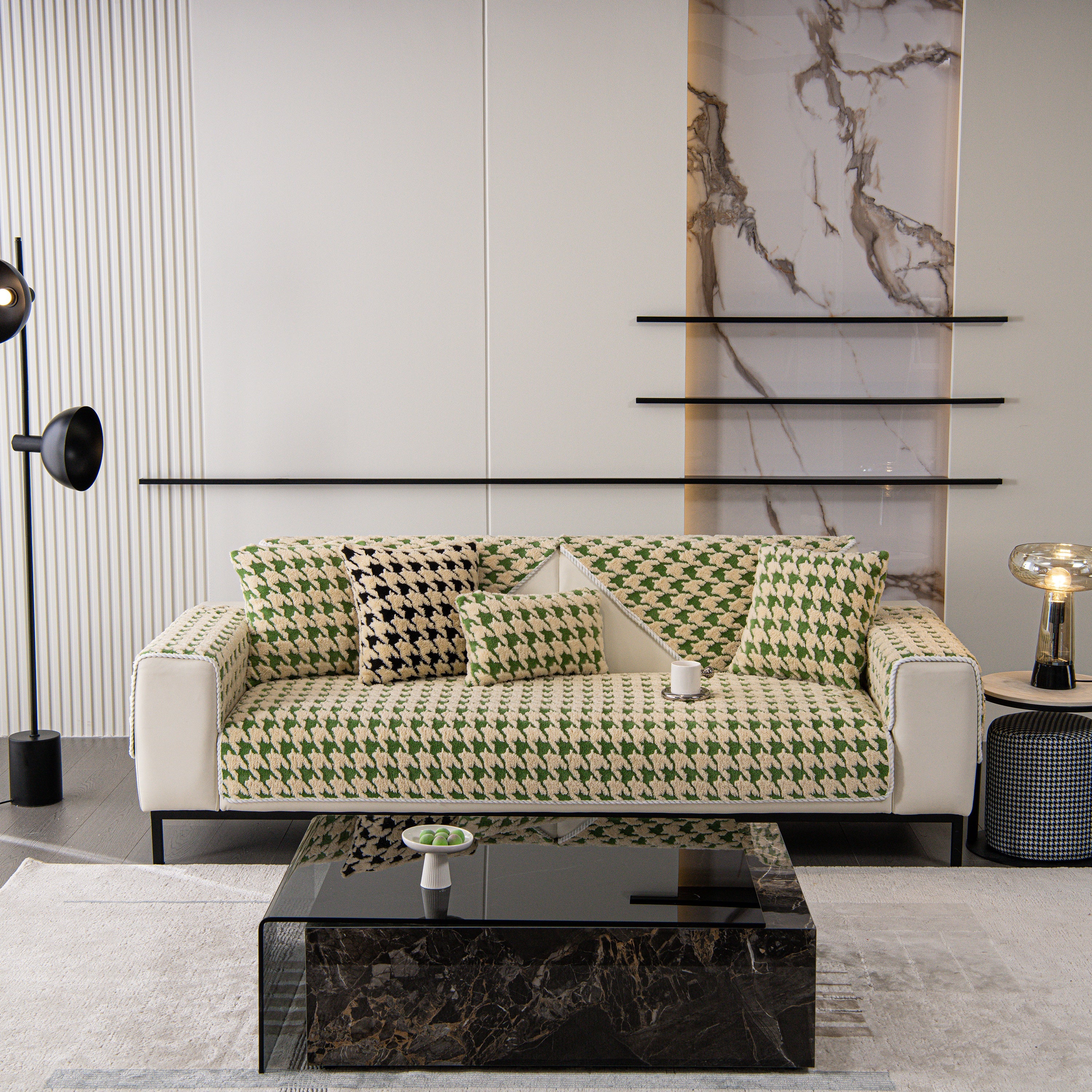 Winter Thickened Sherpa Fleece Houndstooth Sofa Cushion, Non-slip Sofa Cover with Plush