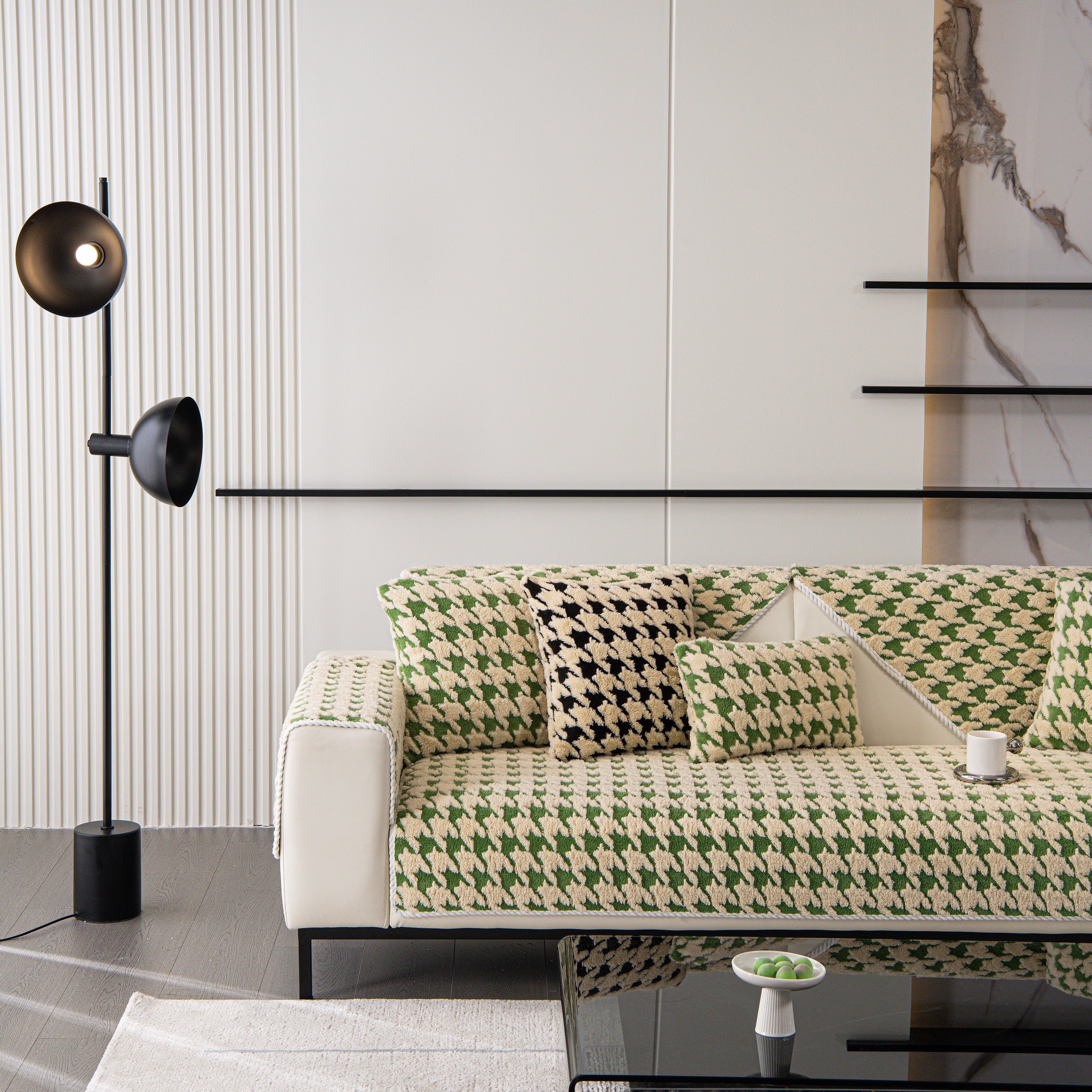 Winter Thickened Sherpa Fleece Houndstooth Sofa Cushion, Non-slip Sofa Cover with Plush