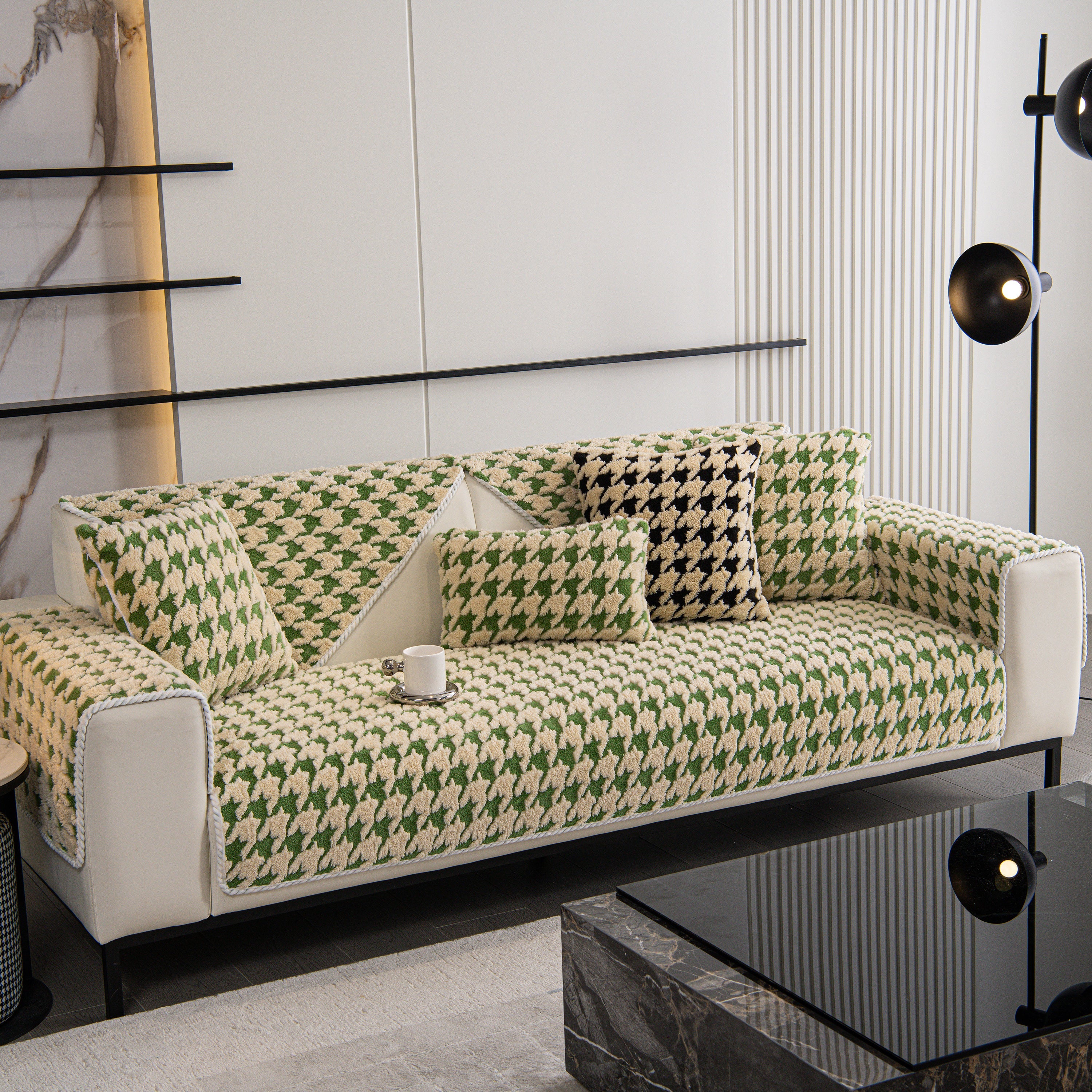 Winter Thickened Sherpa Fleece Houndstooth Sofa Cushion, Non-slip Sofa Cover with Plush