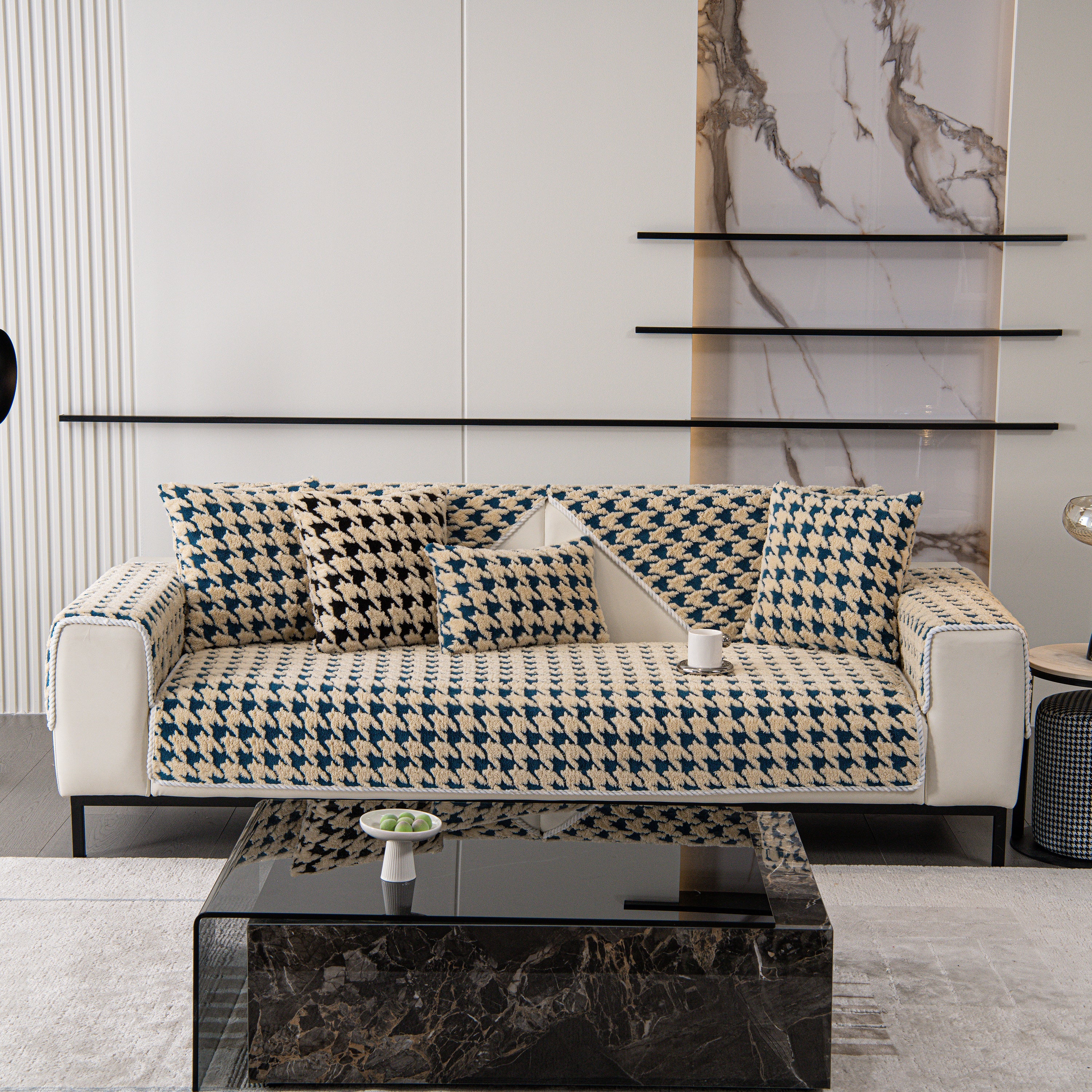 Winter Thickened Sherpa Fleece Houndstooth Sofa Cushion, Non-slip Sofa Cover with Plush