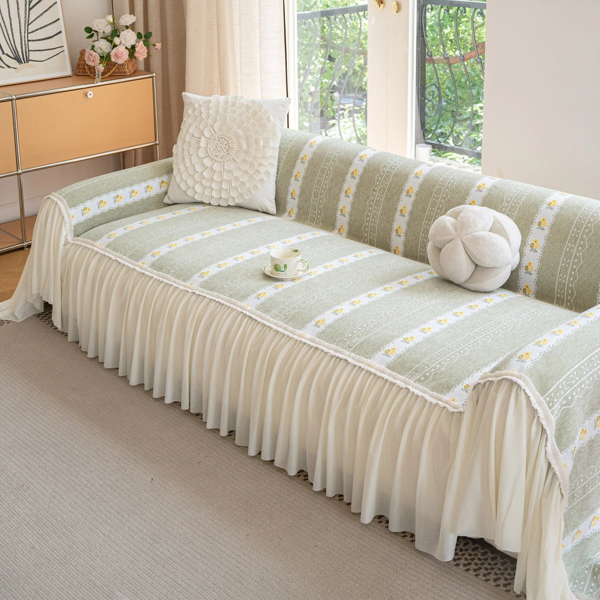 Daisy Striped Sofa Cover with Sheer Ruffle Skirt, Floral Soft Slipcover Blanket - TaroTextile