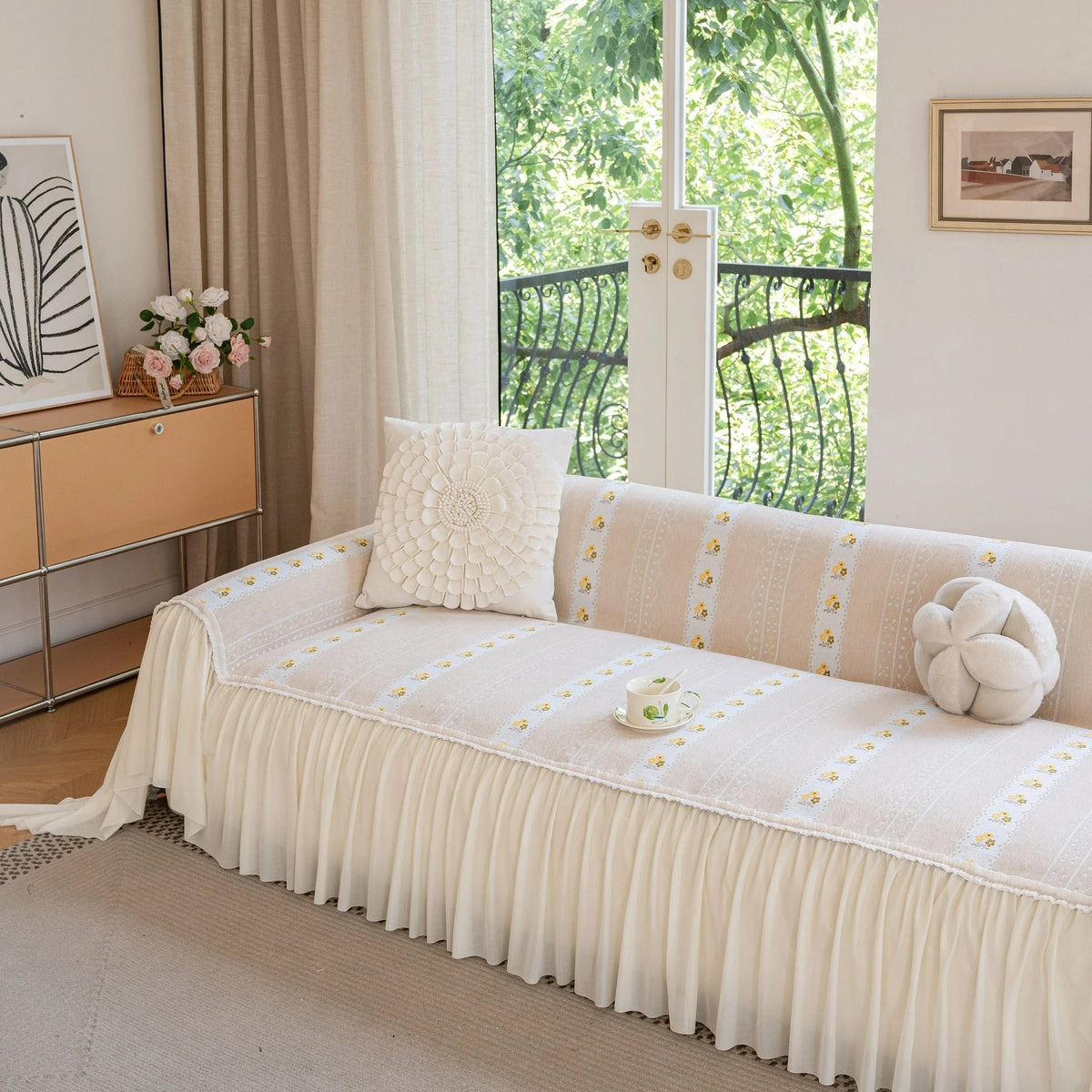 Daisy Striped Sofa Cover with Sheer Ruffle Skirt, Floral Soft Slipcover Blanket - TaroTextile