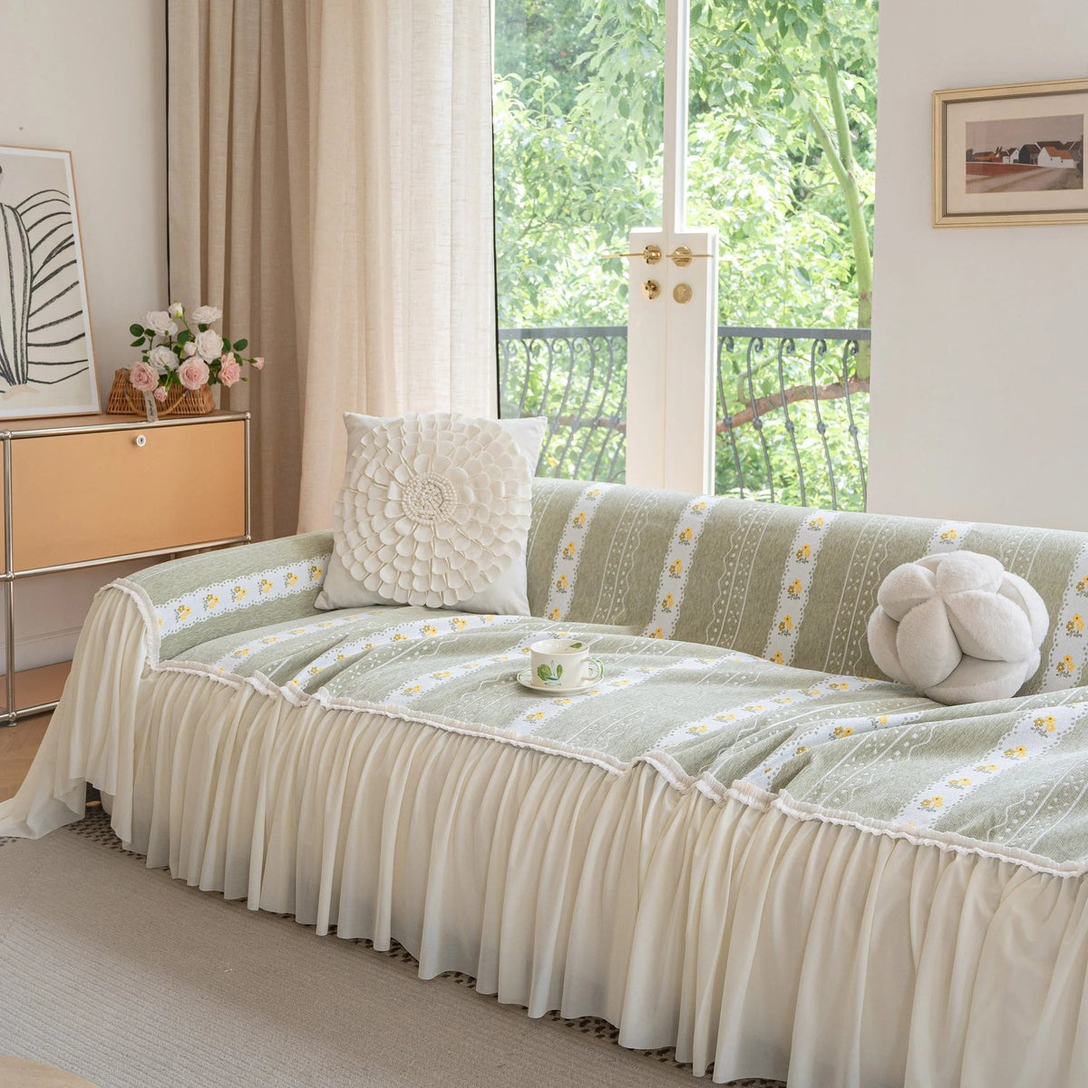 Daisy Striped Sofa Cover with Sheer Ruffle Skirt, Floral Soft Slipcover Blanket - TaroTextile