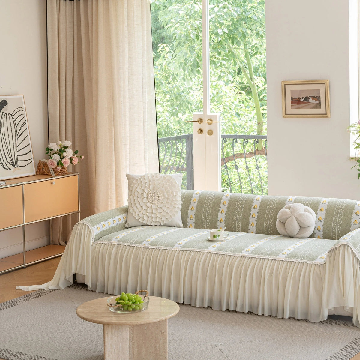 Daisy Striped Sofa Cover with Sheer Ruffle Skirt, Floral Soft Slipcover Blanket - TaroTextile