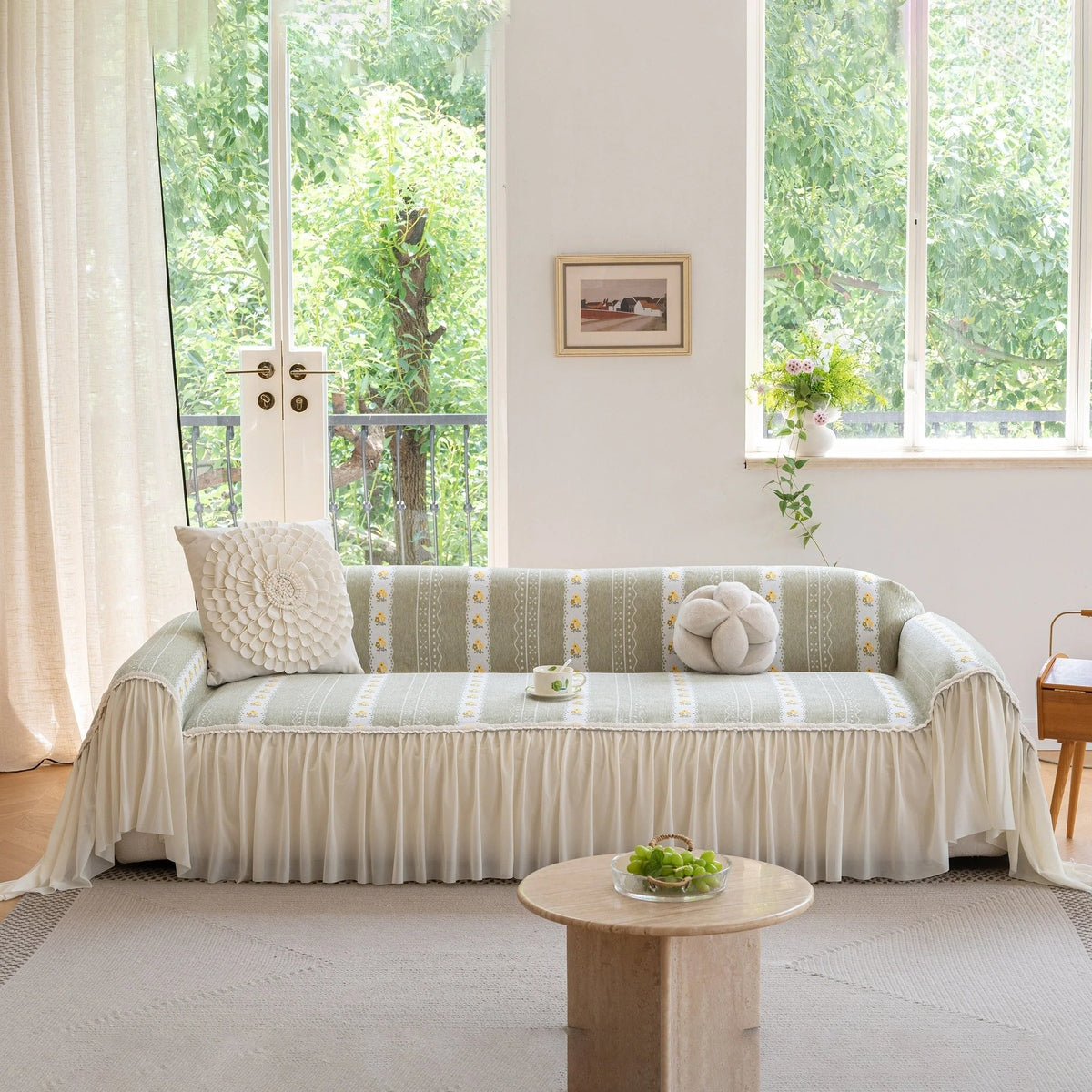 Daisy Striped Sofa Cover with Sheer Ruffle Skirt, Floral Soft Slipcover Blanket - TaroTextile