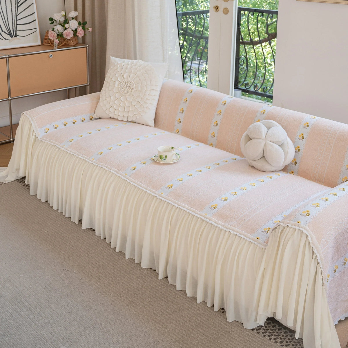 Daisy Striped Sofa Cover with Sheer Ruffle Skirt, Floral Soft Slipcover Blanket - TaroTextile