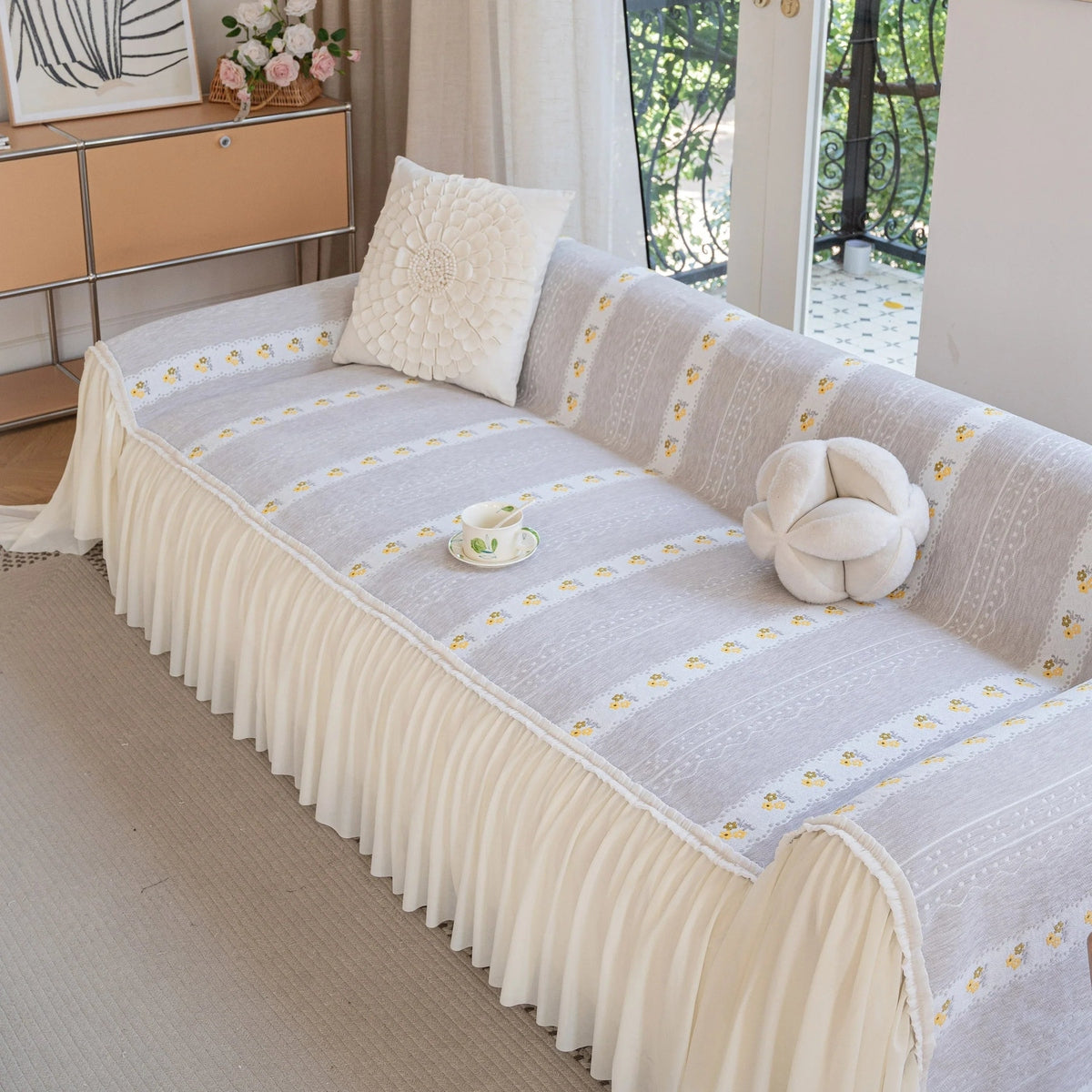 Daisy Striped Sofa Cover with Sheer Ruffle Skirt, Floral Soft Slipcover Blanket - TaroTextile