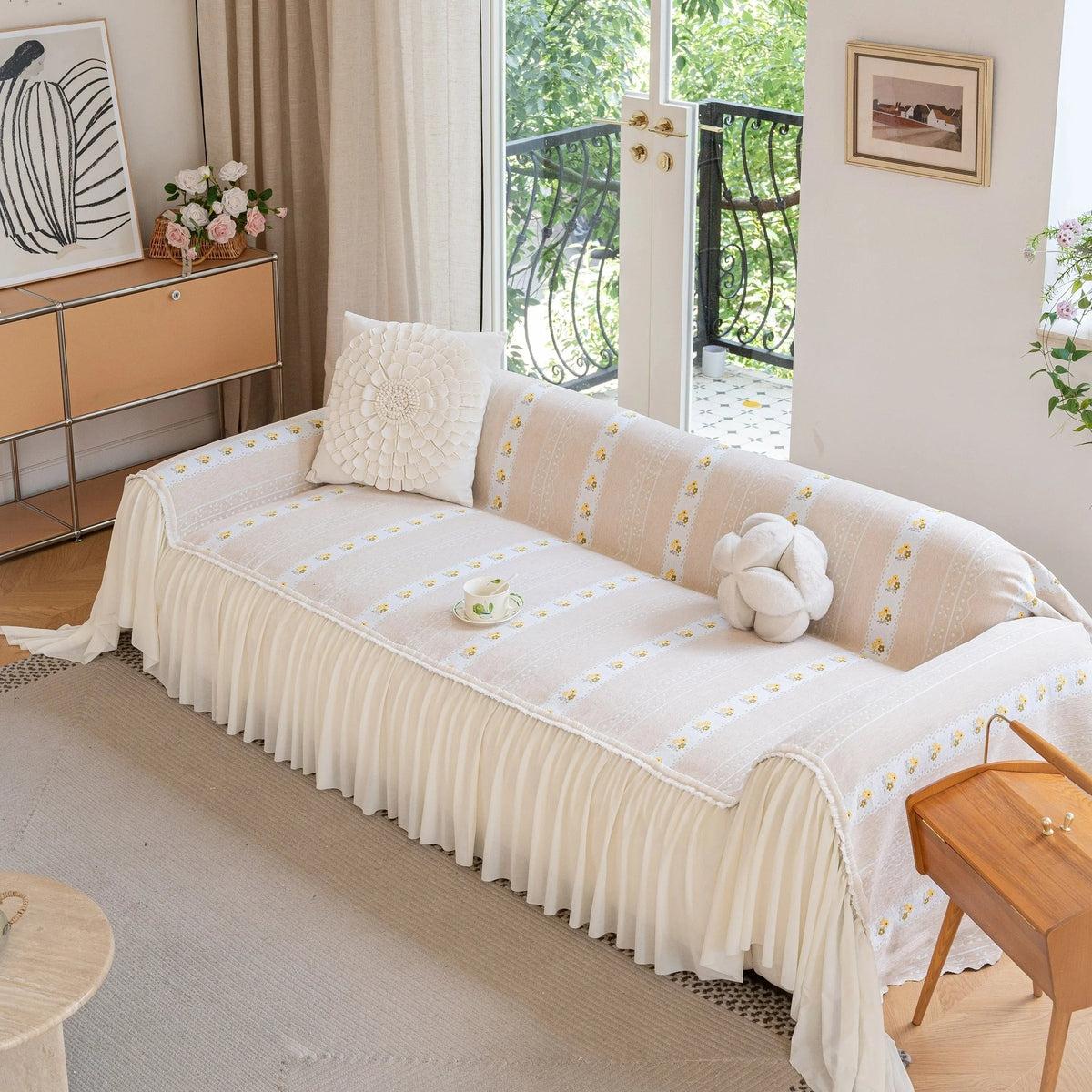 Daisy Striped Sofa Cover with Sheer Ruffle Skirt, Floral Soft Slipcover Blanket - TaroTextile