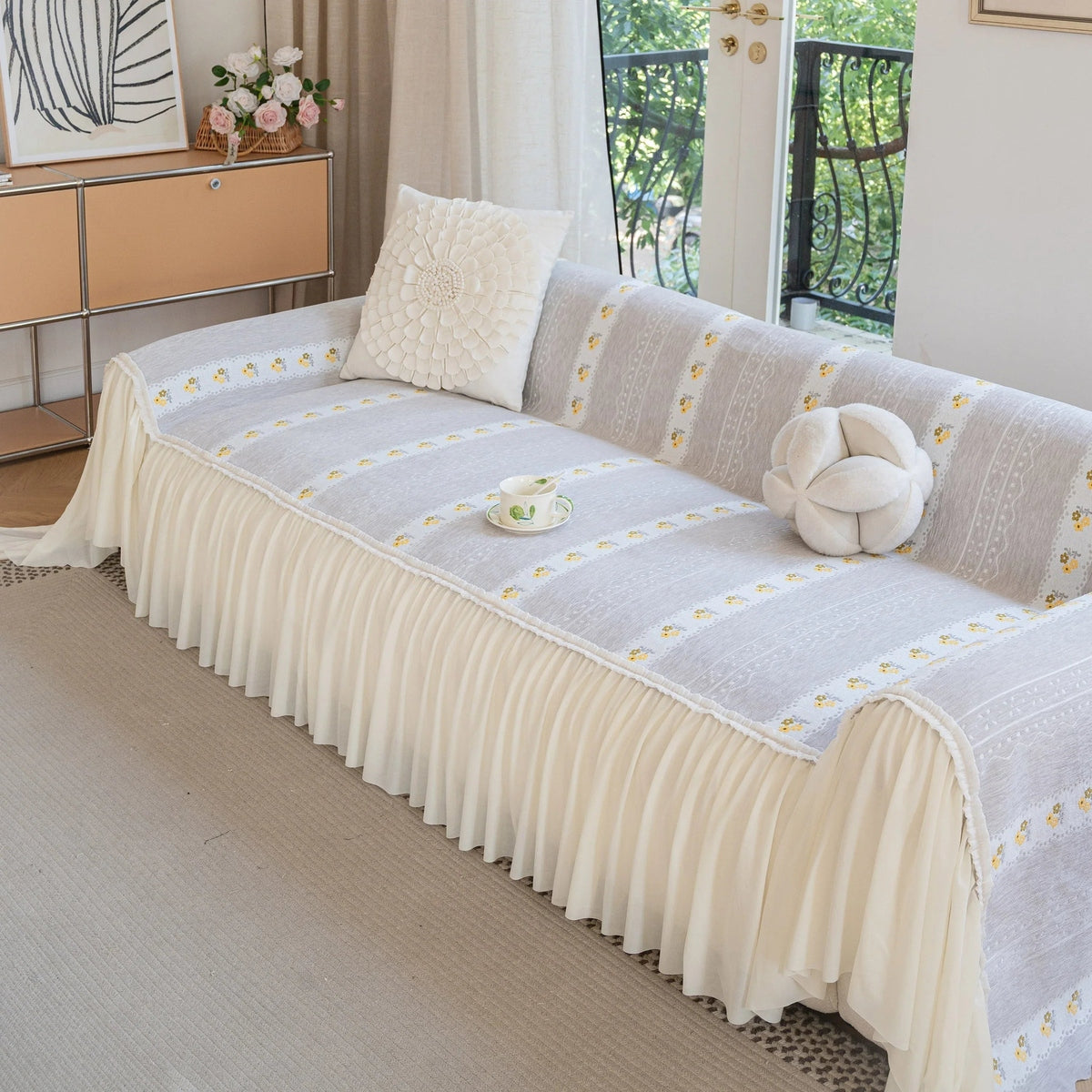 Daisy Striped Sofa Cover with Sheer Ruffle Skirt, Floral Soft Slipcover Blanket - TaroTextile
