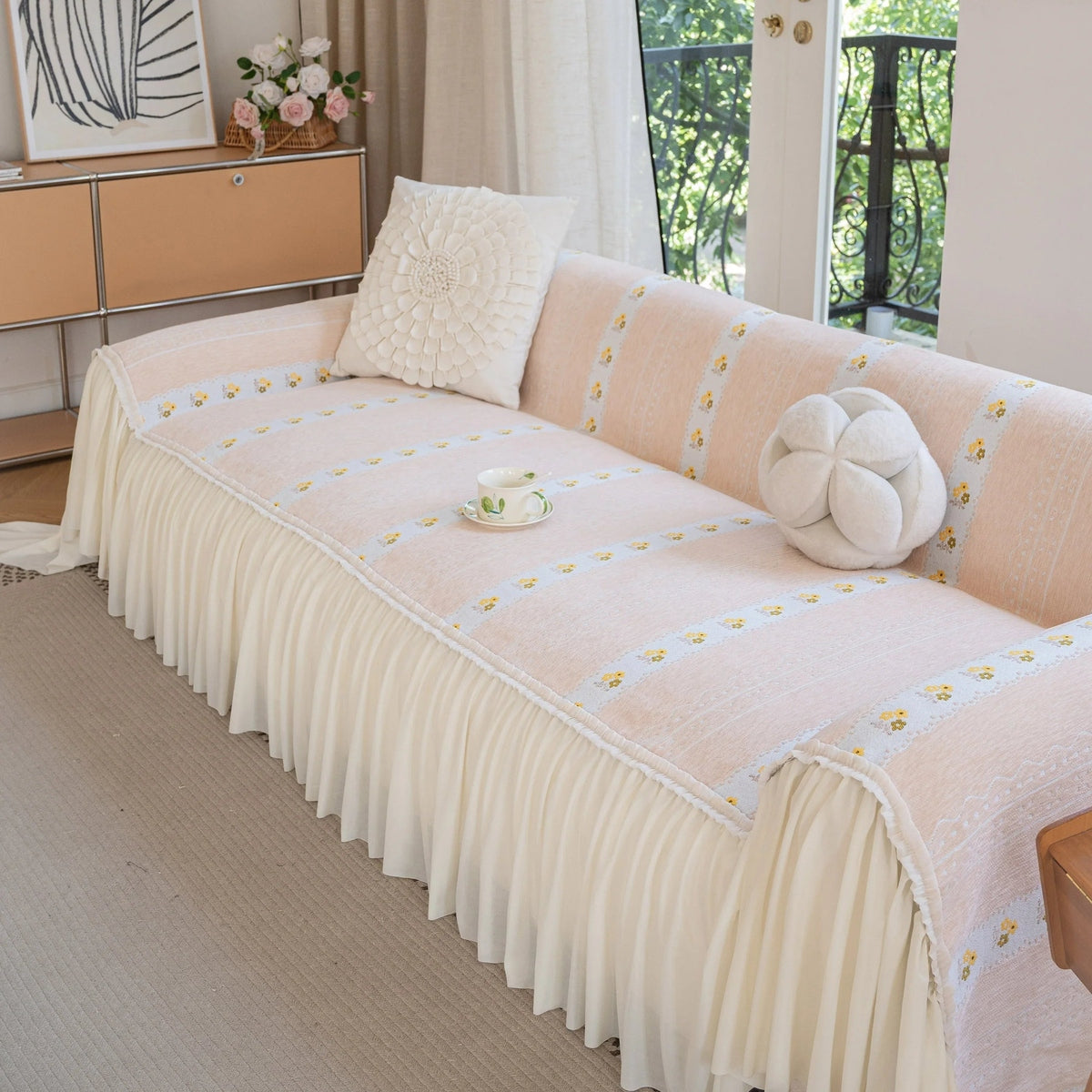 Daisy Striped Sofa Cover with Sheer Ruffle Skirt, Floral Soft Slipcover Blanket - TaroTextile