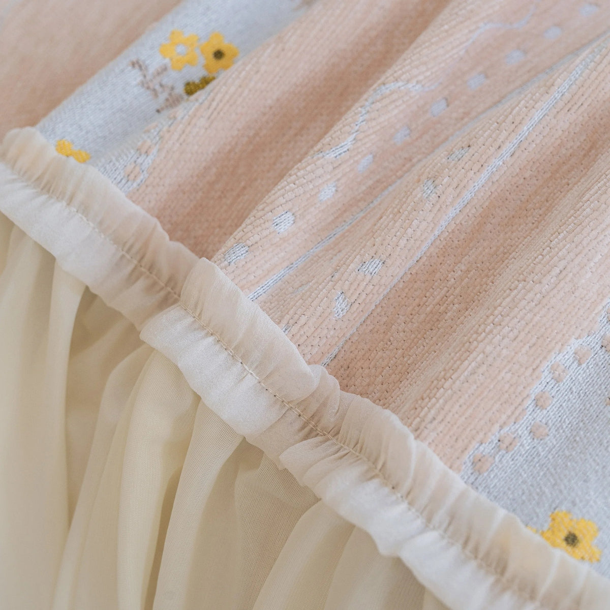 Daisy Striped Sofa Cover with Sheer Ruffle Skirt, Floral Soft Slipcover Blanket - TaroTextile