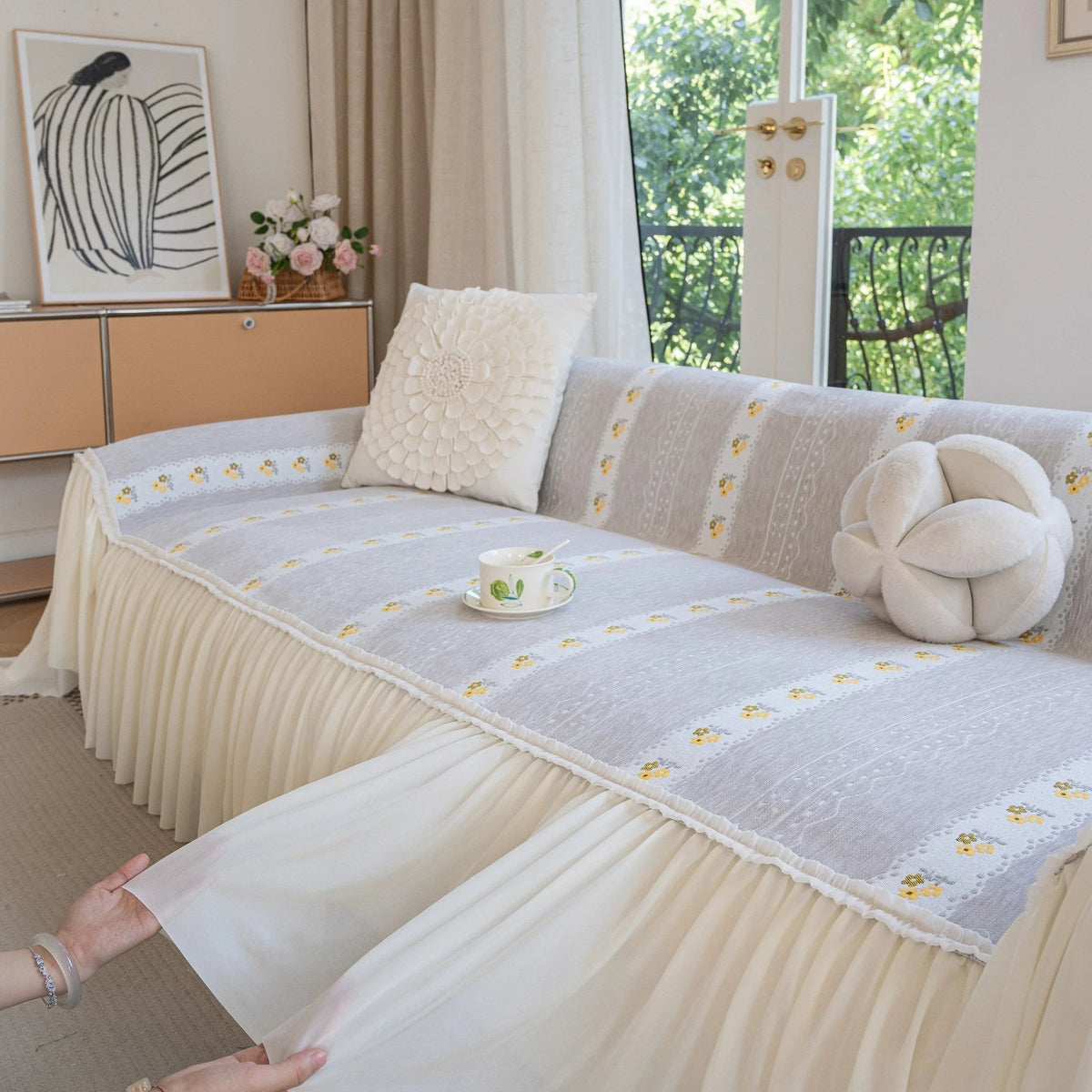 Daisy Striped Sofa Cover with Sheer Ruffle Skirt, Floral Soft Slipcover Blanket - TaroTextile