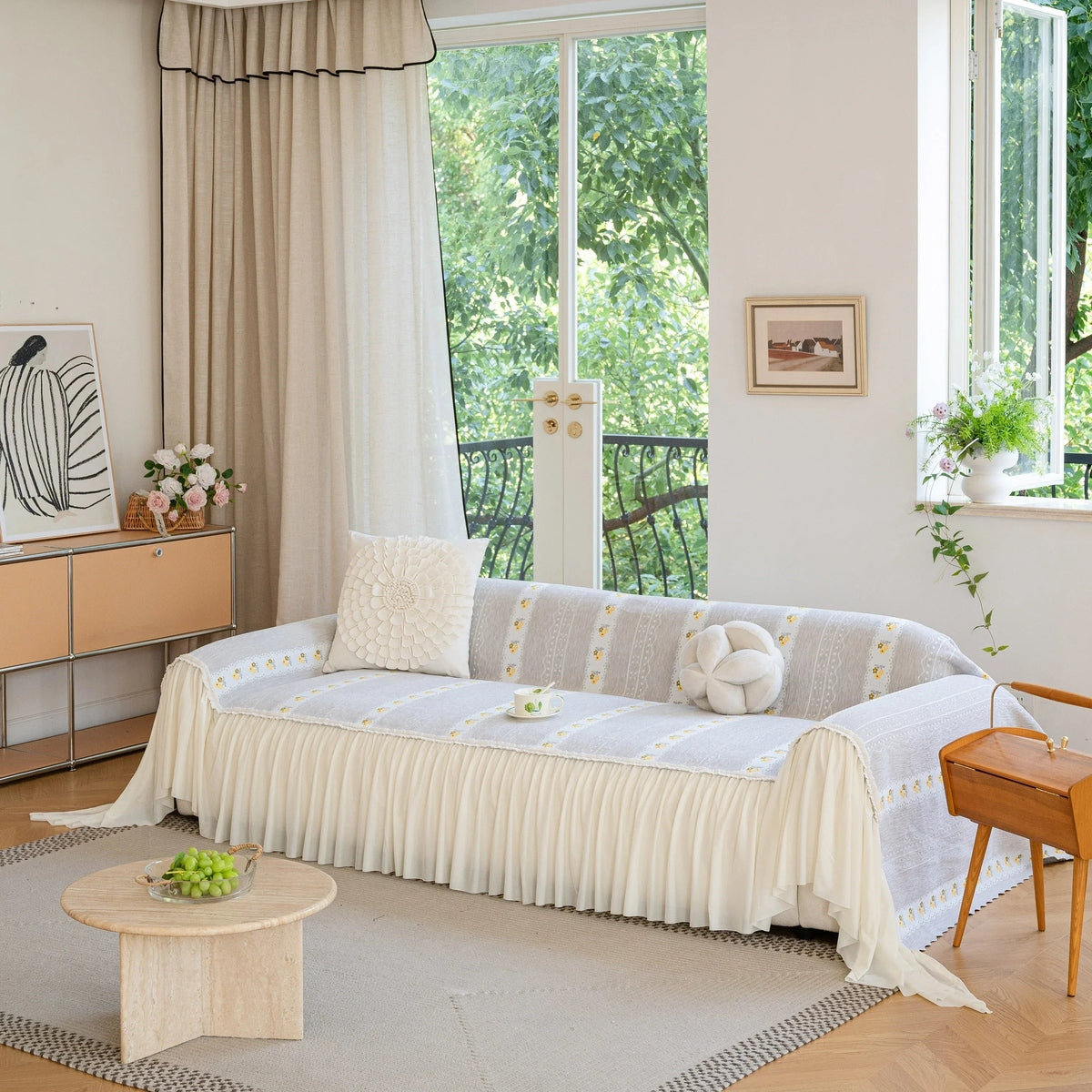 Daisy Striped Sofa Cover with Sheer Ruffle Skirt, Floral Soft Slipcover Blanket - TaroTextile