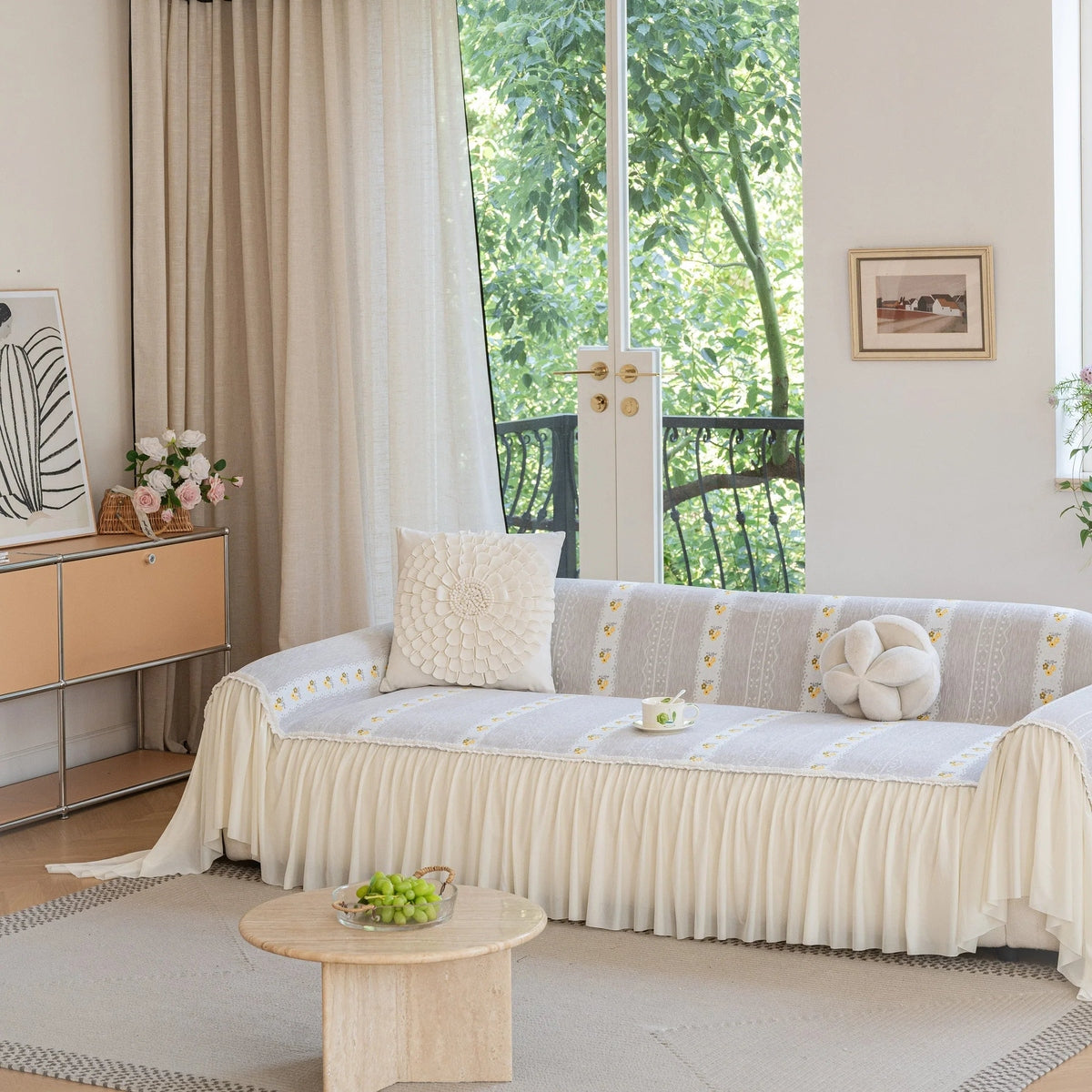 Daisy Striped Sofa Cover with Sheer Ruffle Skirt, Floral Soft Slipcover Blanket - TaroTextile