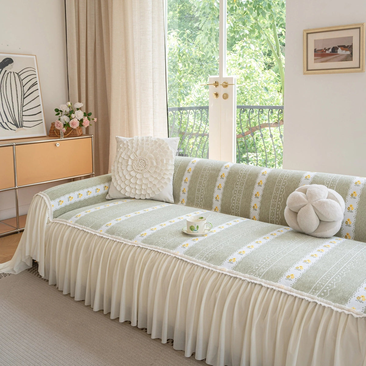 Daisy Striped Sofa Cover with Sheer Ruffle Skirt, Floral Soft Slipcover Blanket - TaroTextile