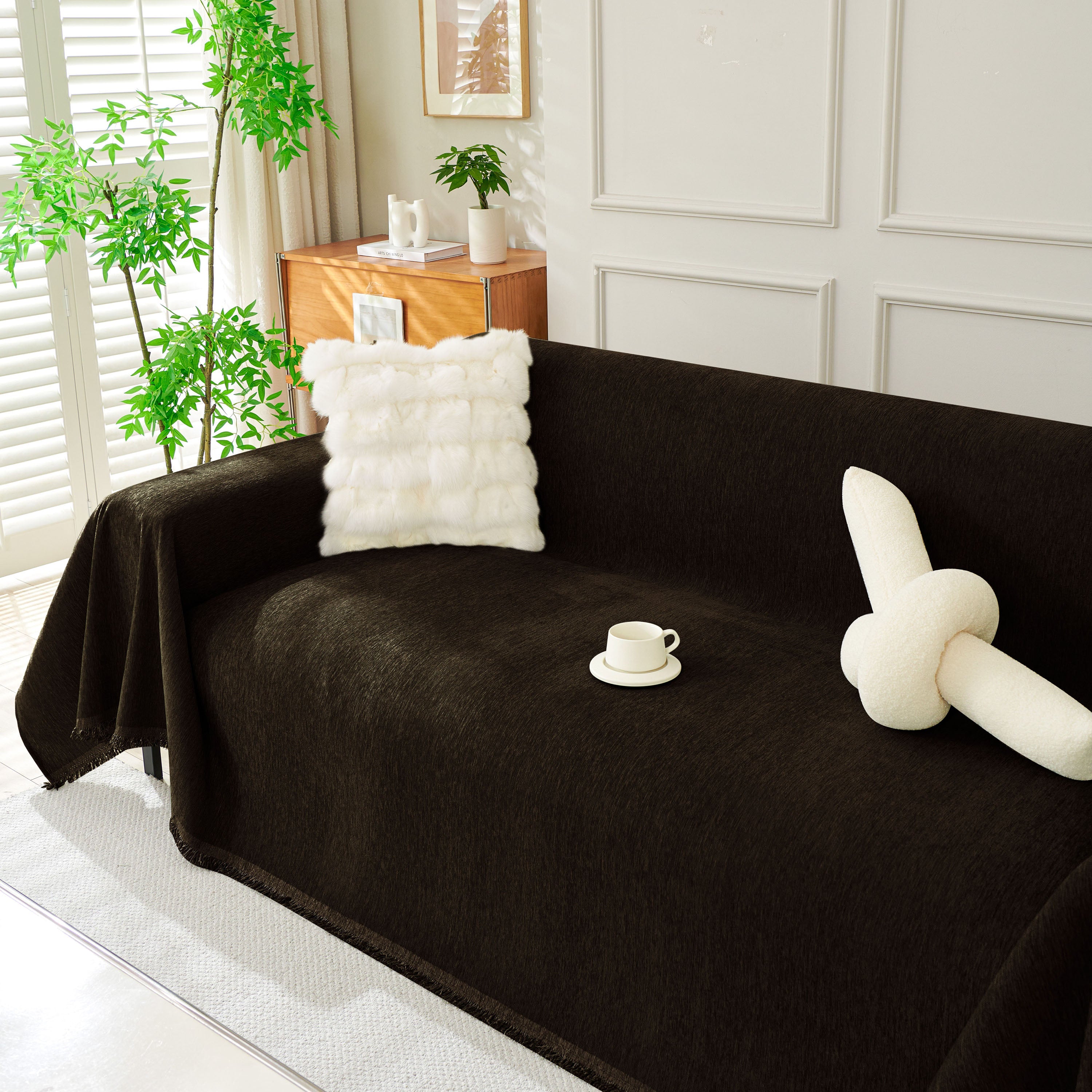 Solid Color Chenille Sofa Throw Blanket, Soft & Plush Decorative Couch Throw Cover