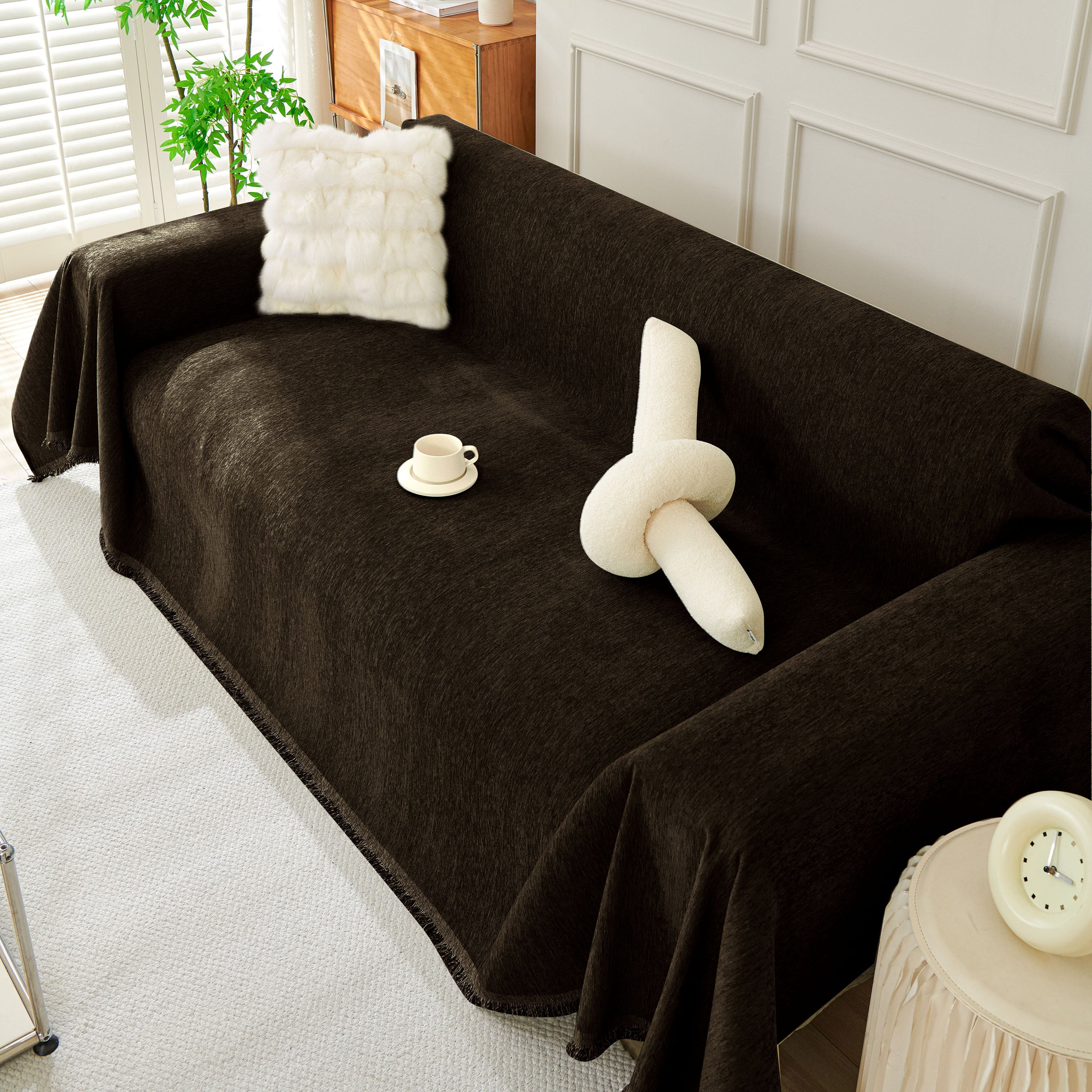 Solid Color Chenille Sofa Throw Blanket, Soft & Plush Decorative Couch Throw Cover