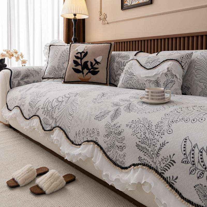 Durable Chenille Couch Cover with Scalloped Edge Non-Slip Modular Slipcover - TaroTextile