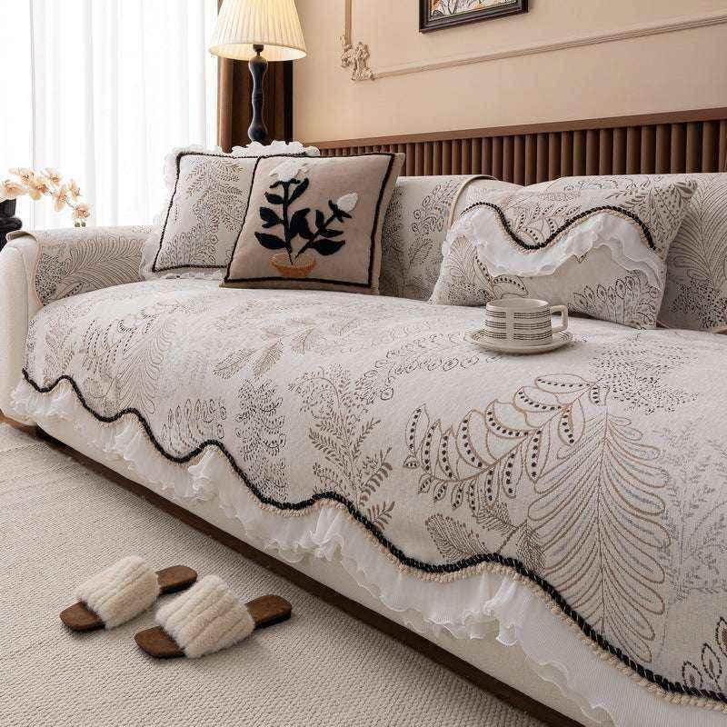 Durable Chenille Couch Cover with Scalloped Edge Non-Slip Modular Slipcover - TaroTextile