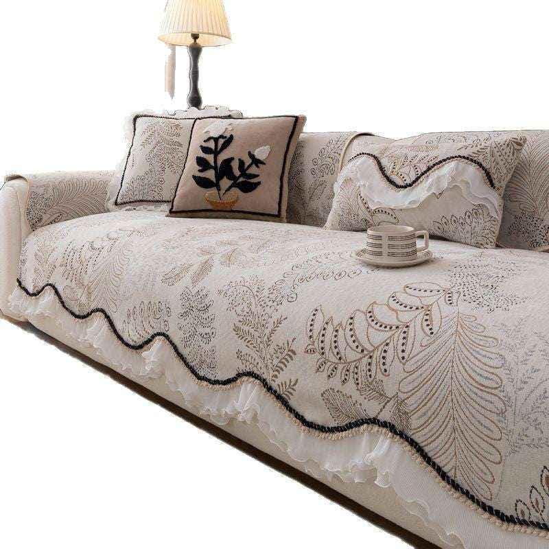 Durable Chenille Couch Cover with Scalloped Edge Non-Slip Modular Slipcover - TaroTextile