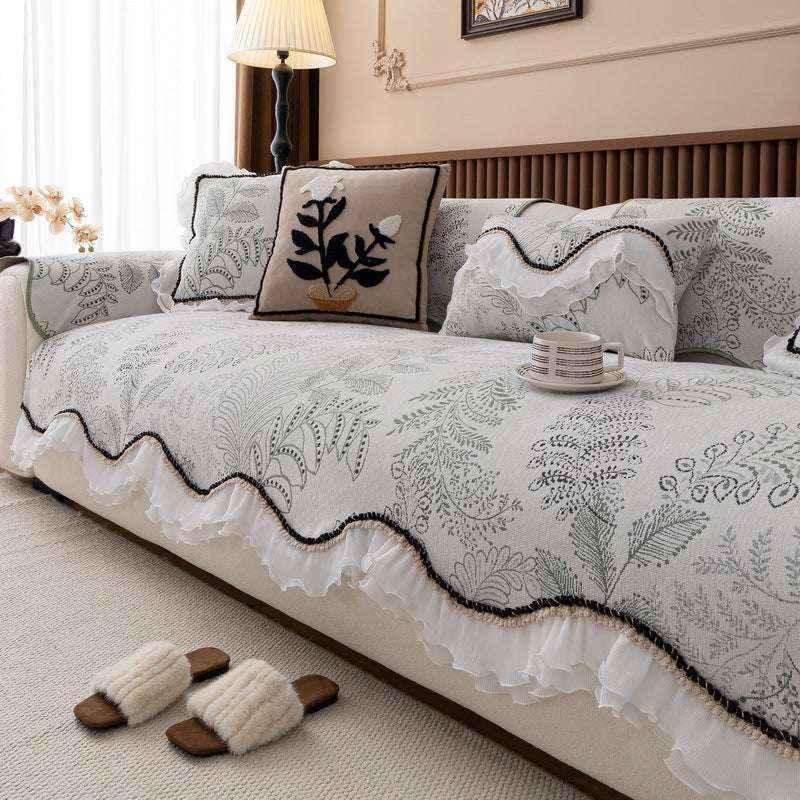 Durable Chenille Couch Cover with Scalloped Edge Non-Slip Modular Slipcover - TaroTextile