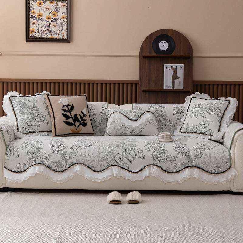 Durable Chenille Couch Cover with Scalloped Edge Non-Slip Modular Slipcover - TaroTextile