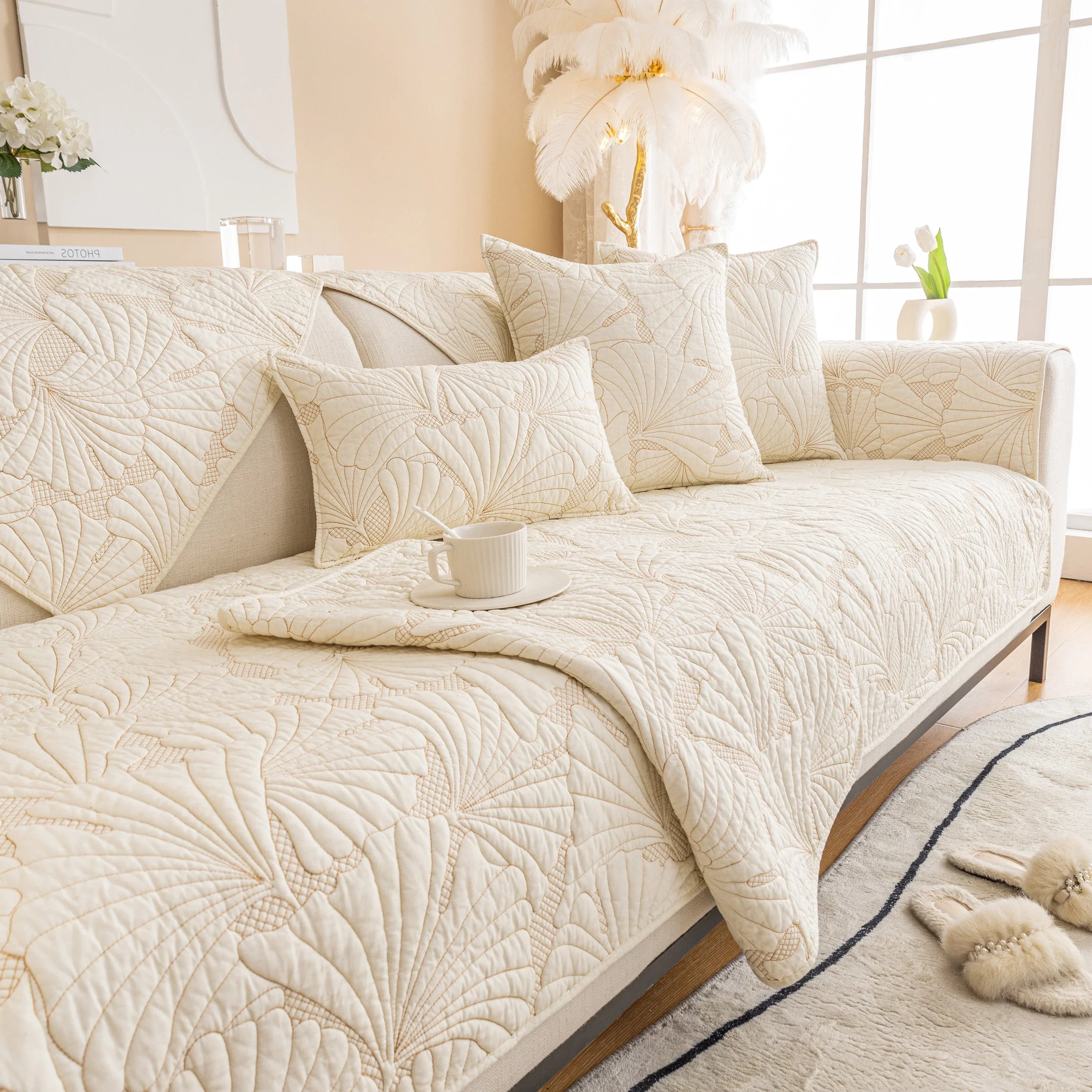 Embossed Leaf Cotton Quilted Sofa Cover Non-Slip Couch Protector with Thick Padding - TaroTextile