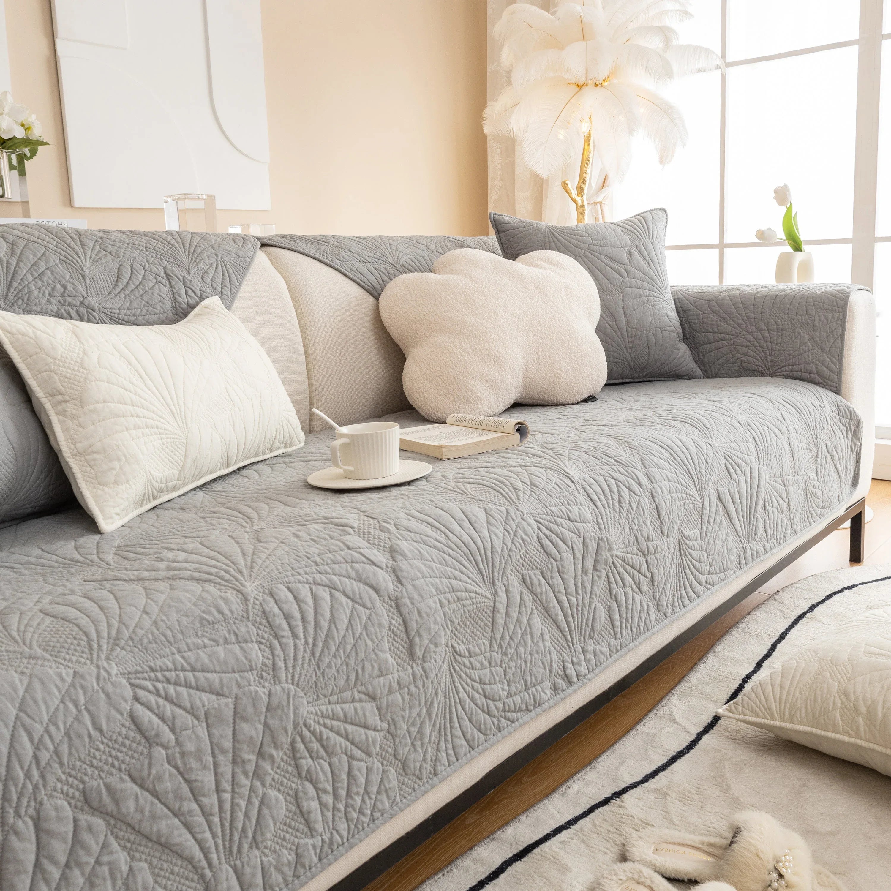 Embossed Leaf Cotton Quilted Sofa Cover Non-Slip Couch Protector with Thick Padding - TaroTextile