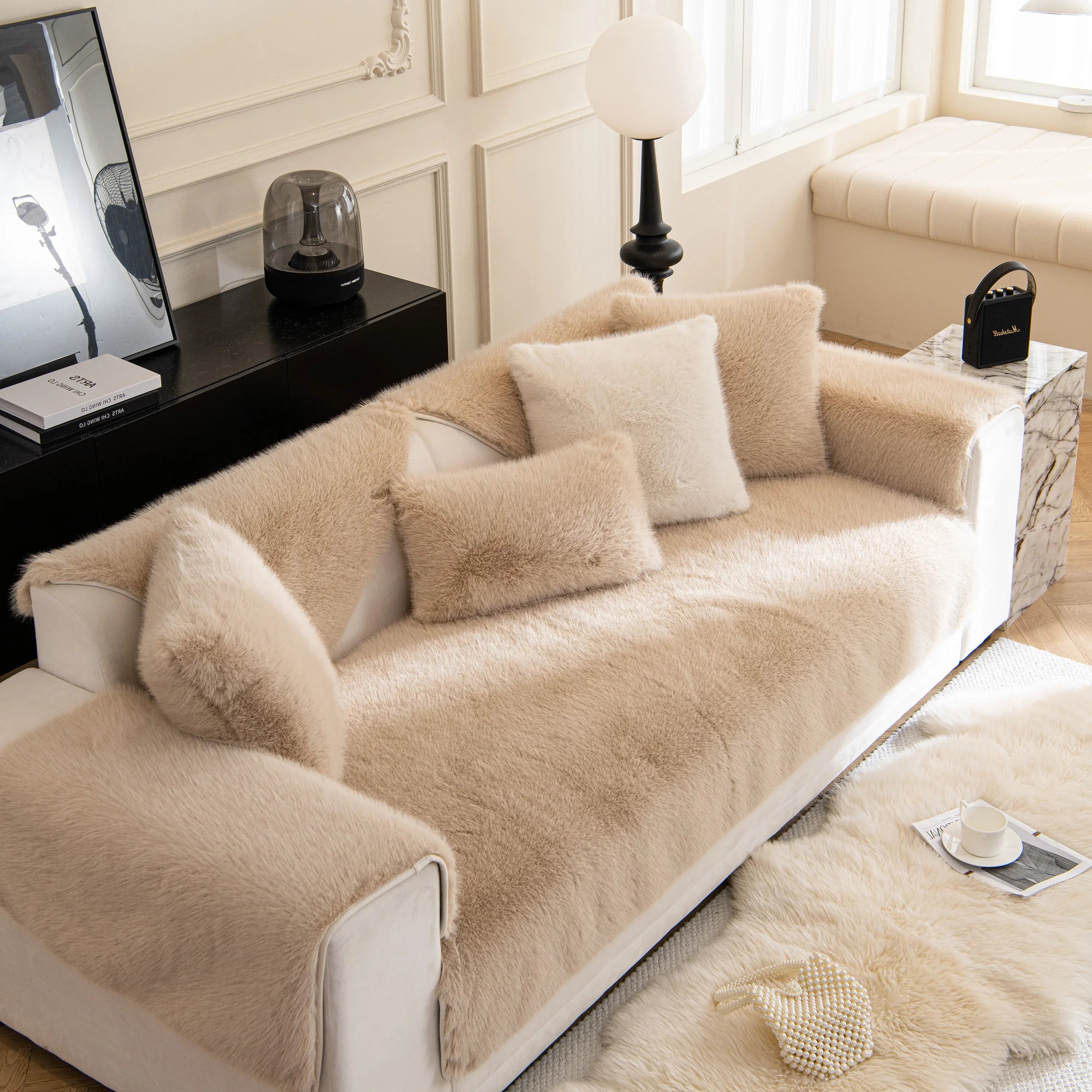Faux Mink Velvet Luxury Fluffy Sofa Cushion, Winter Warm Thick Plush Non-slip Sofa Covers - TaroTextile