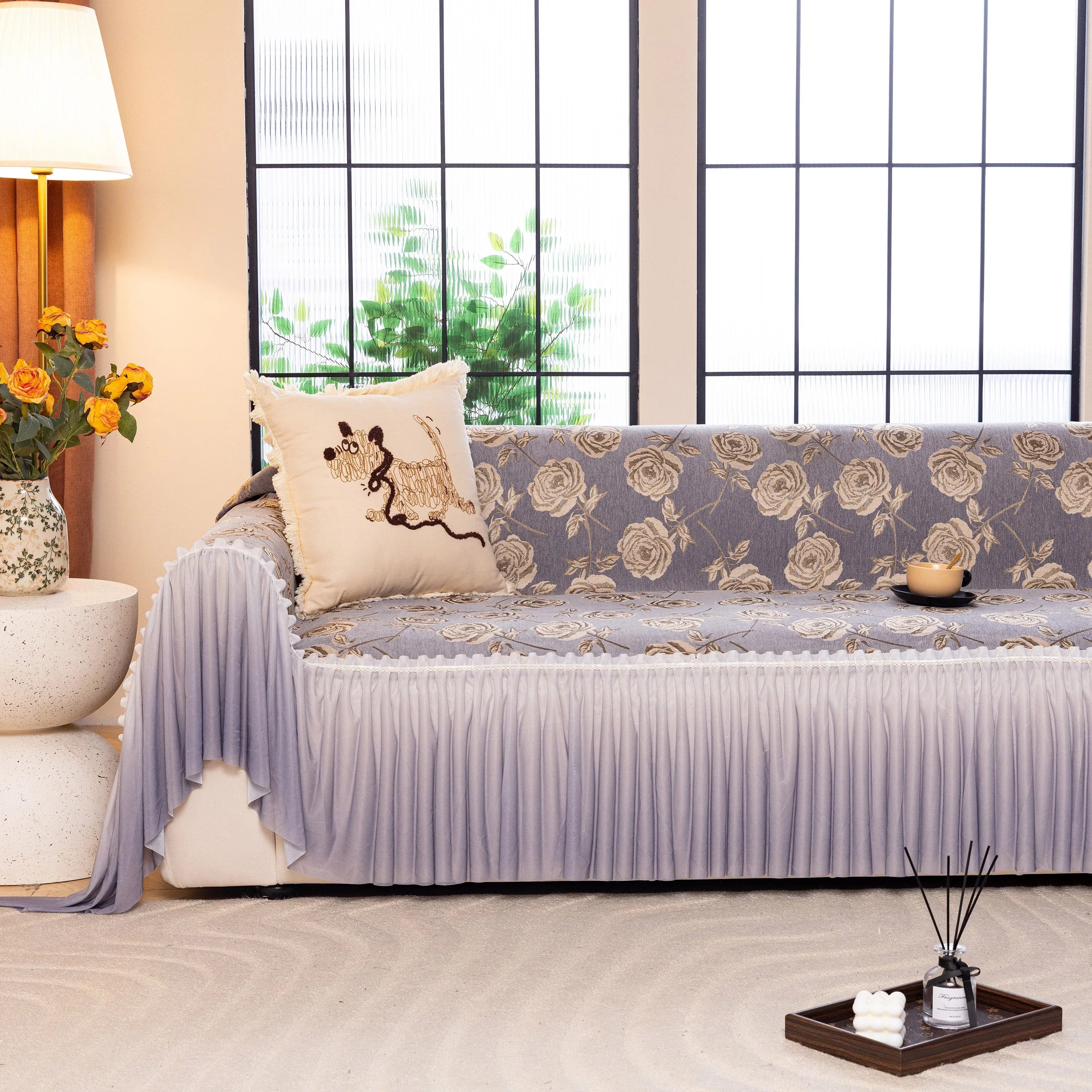 French Country Floral Sofa Cover with Ruffled Skirt, Farmhouse Decor for Living Room - TaroTextile