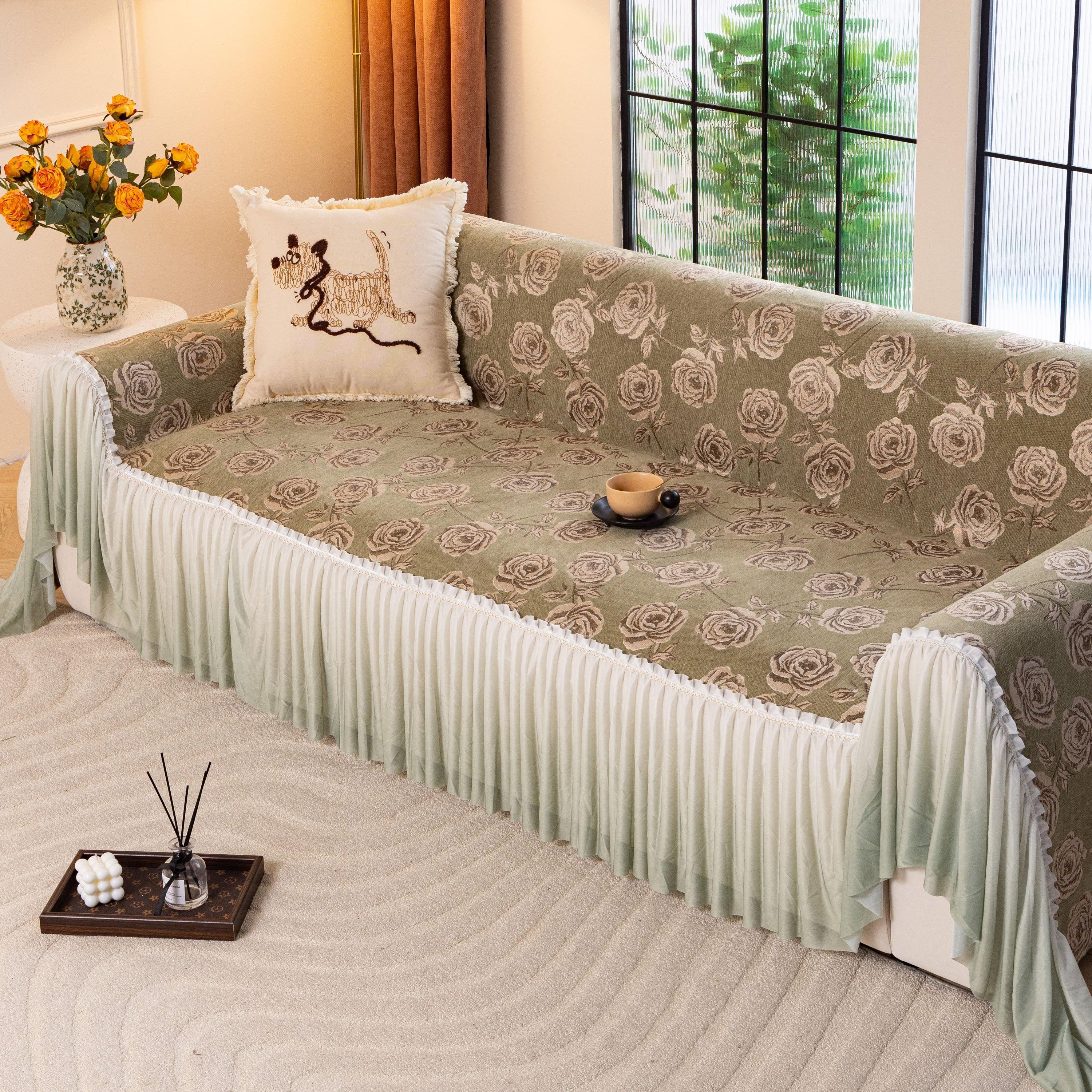 French Country Floral Sofa Cover with Ruffled Skirt, Farmhouse Decor for Living Room - TaroTextile