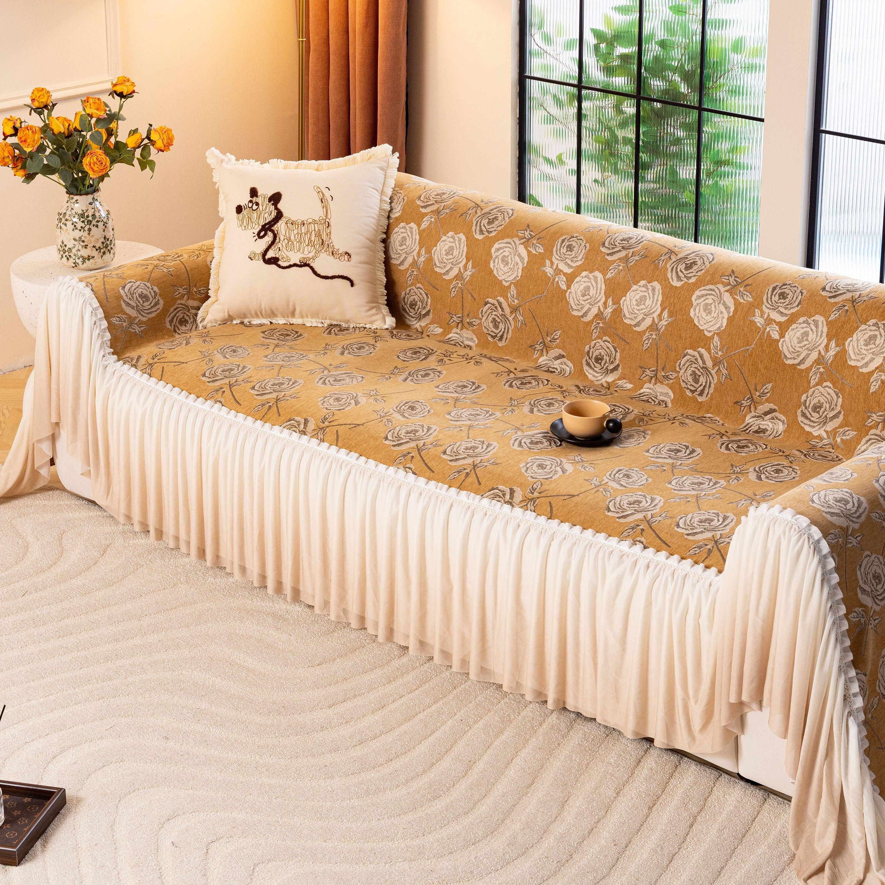 French Country Floral Sofa Cover with Ruffled Skirt, Farmhouse Decor for Living Room - TaroTextile