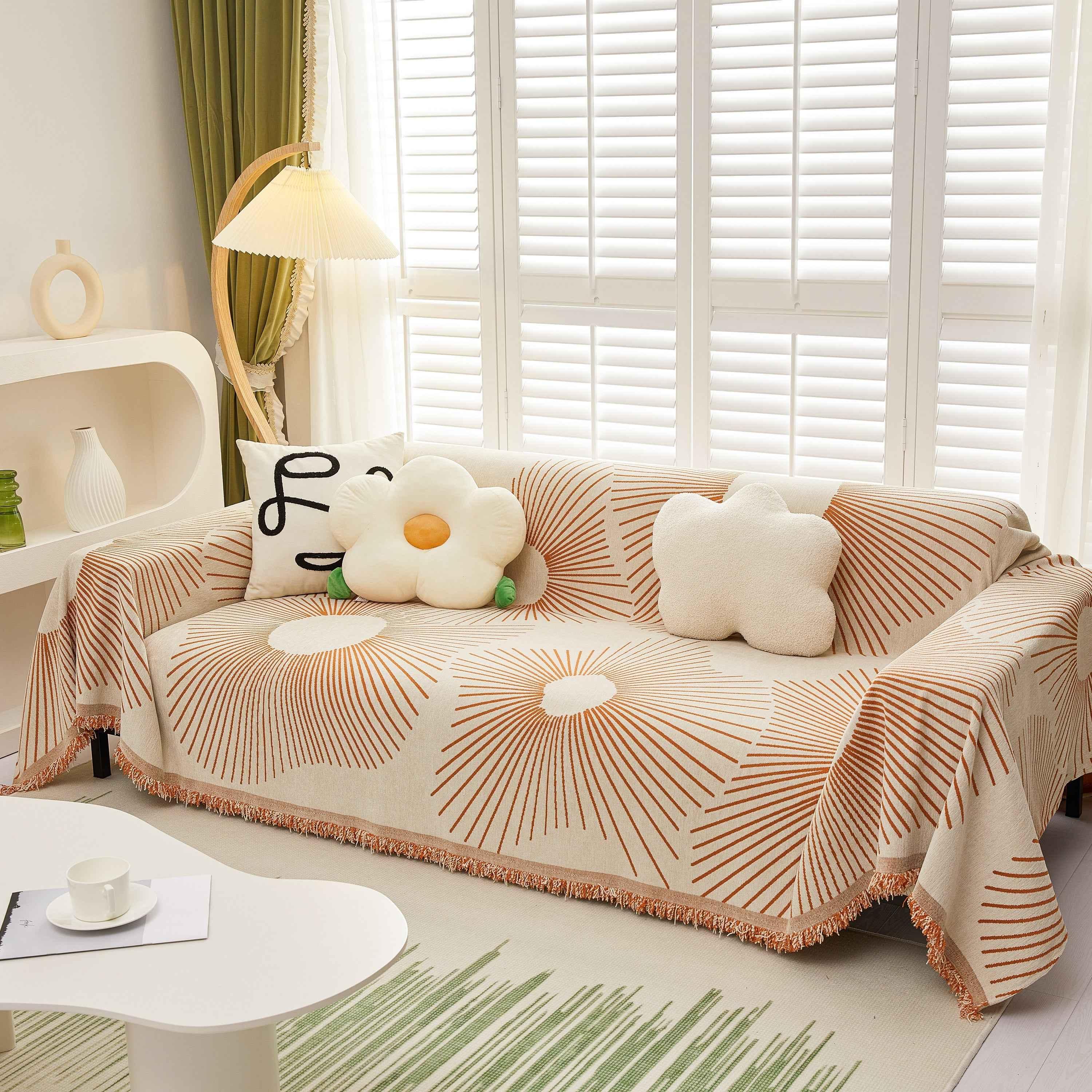 Geometric Radial Striped L-Shape Sofa Cover: Thick, Reversible Furniture Blanket for Kids and Pets - TaroTextile