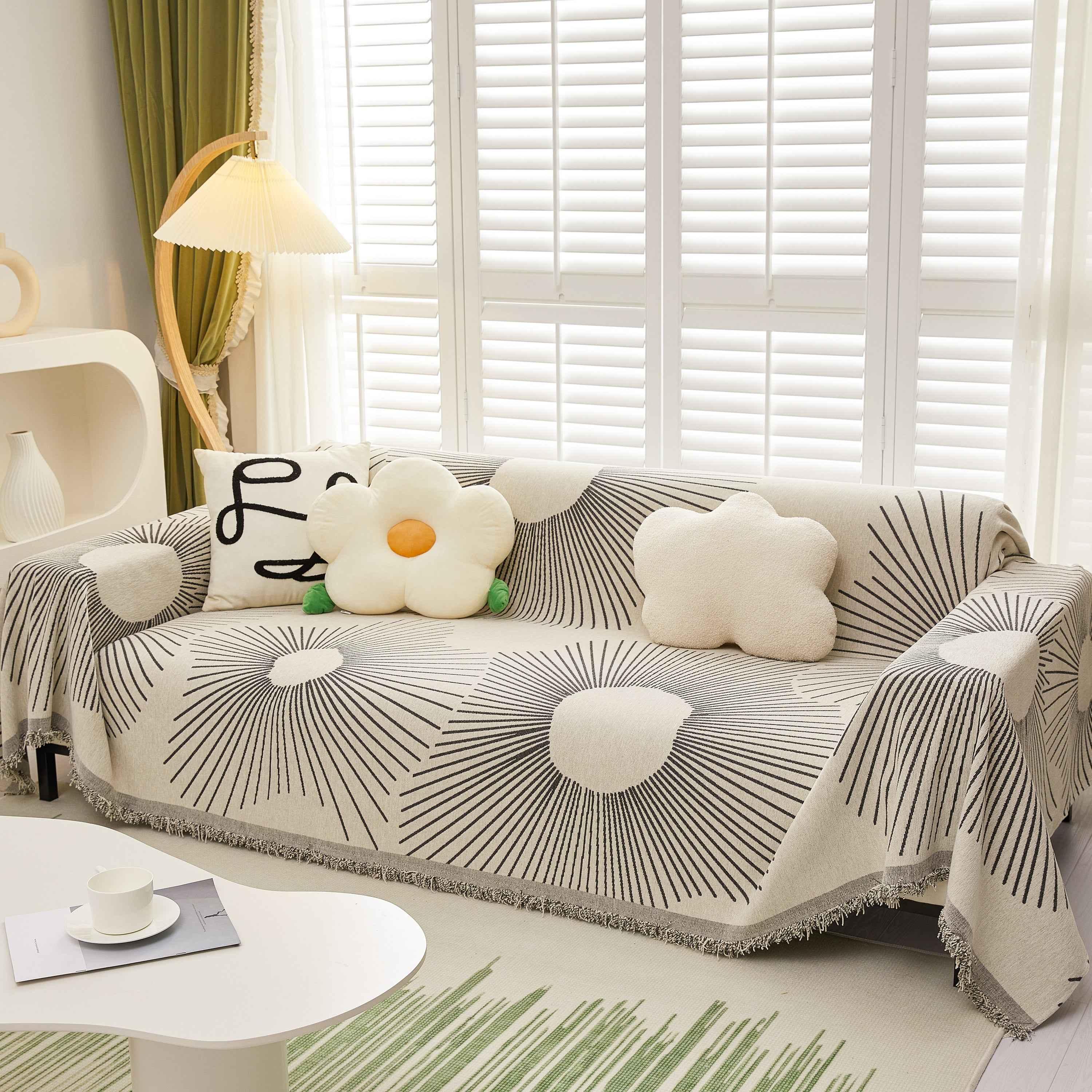 Geometric Radial Striped L-Shape Sofa Cover: Thick, Reversible Furniture Blanket for Kids and Pets - TaroTextile