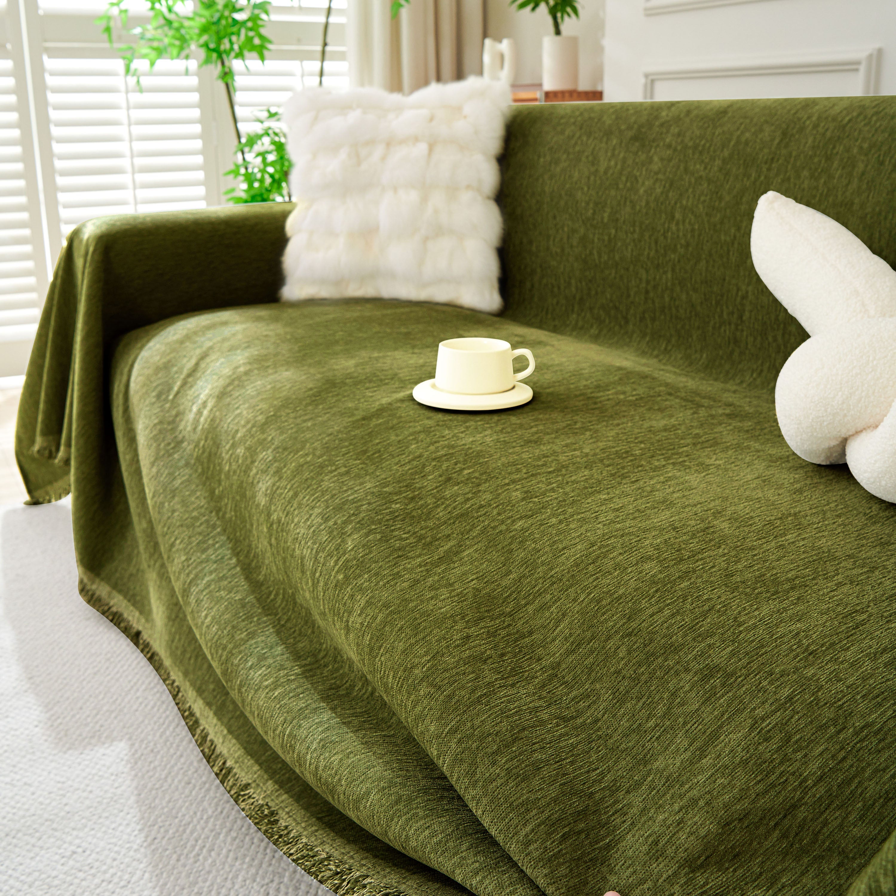Solid Color Chenille Sofa Throw Blanket, Soft & Plush Decorative Couch Throw Cover