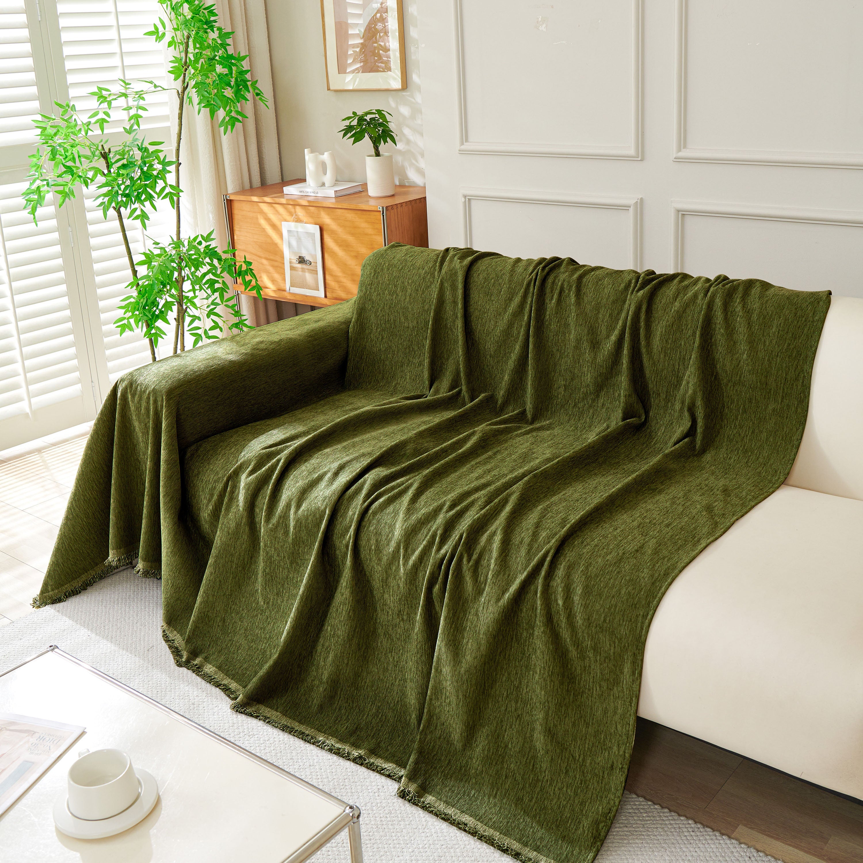 Solid Color Chenille Sofa Throw Blanket, Soft & Plush Decorative Couch Throw Cover