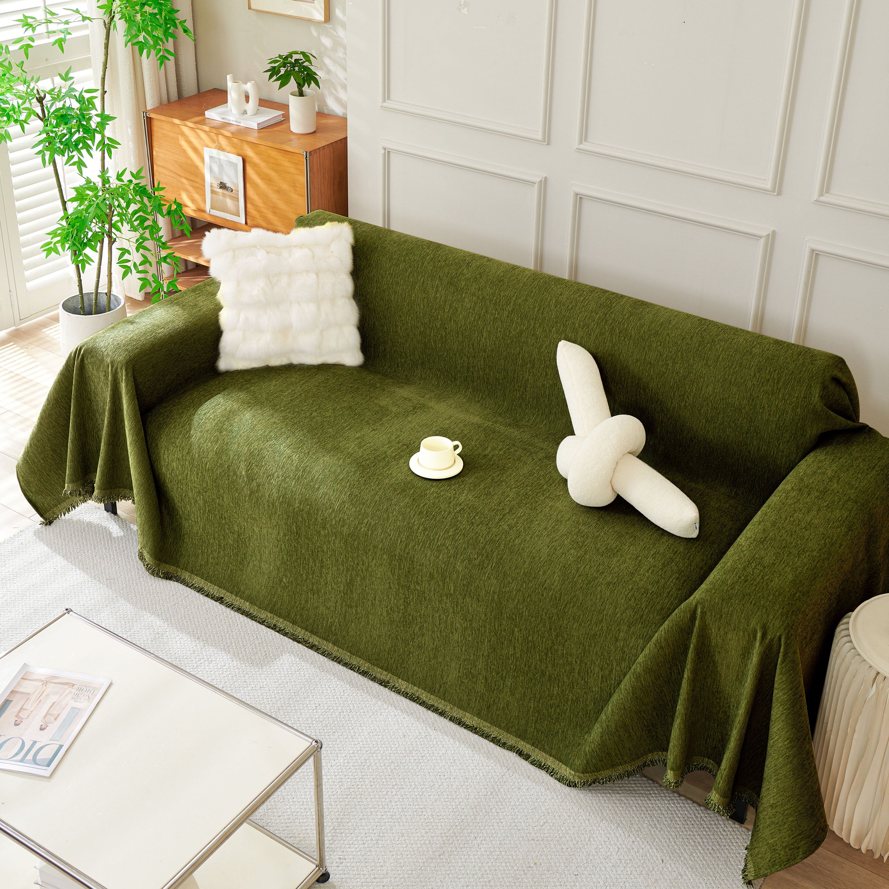 Solid Color Chenille Sofa Throw Blanket, Soft & Plush Decorative Couch Throw Cover