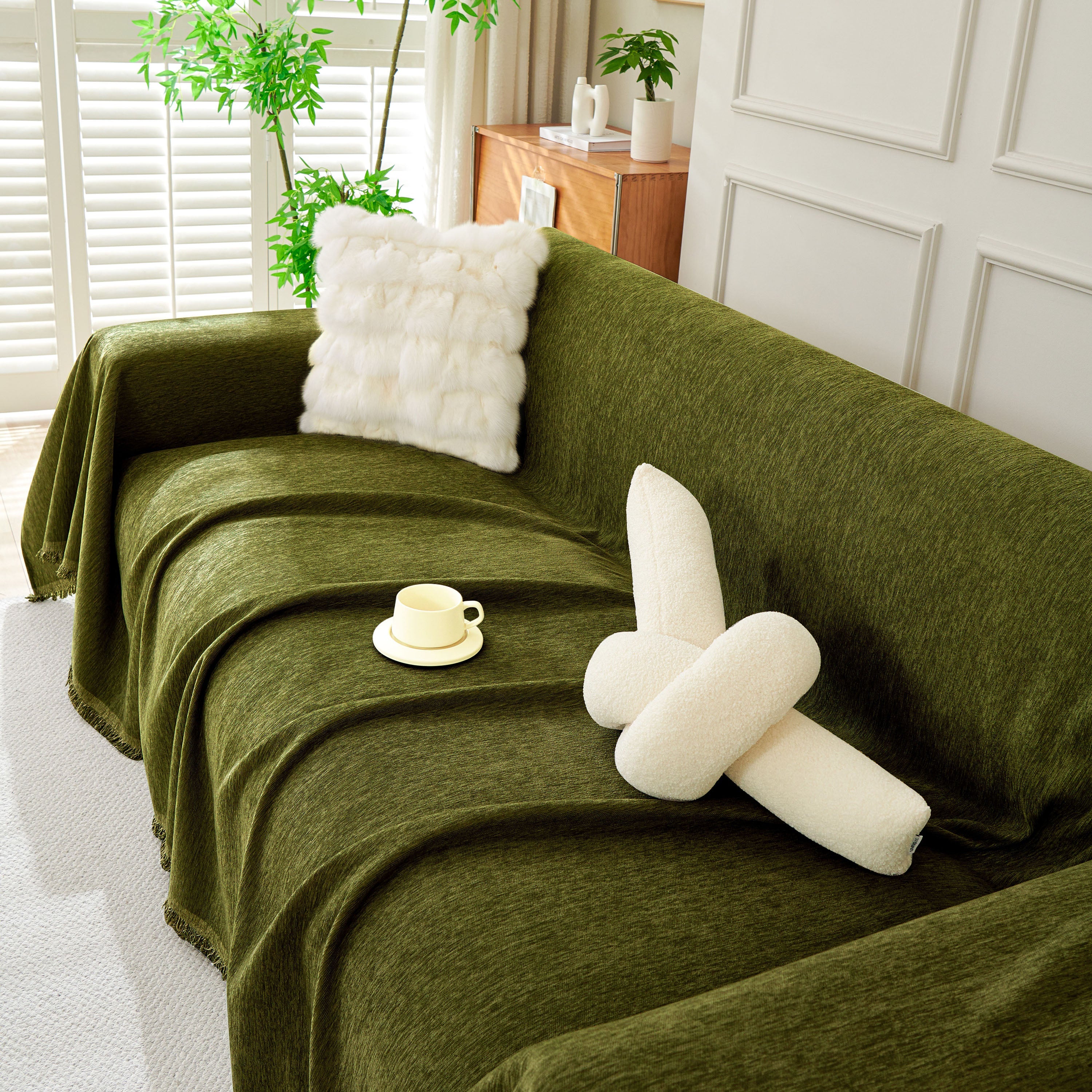 Solid Color Chenille Sofa Throw Blanket, Soft & Plush Decorative Couch Throw Cover