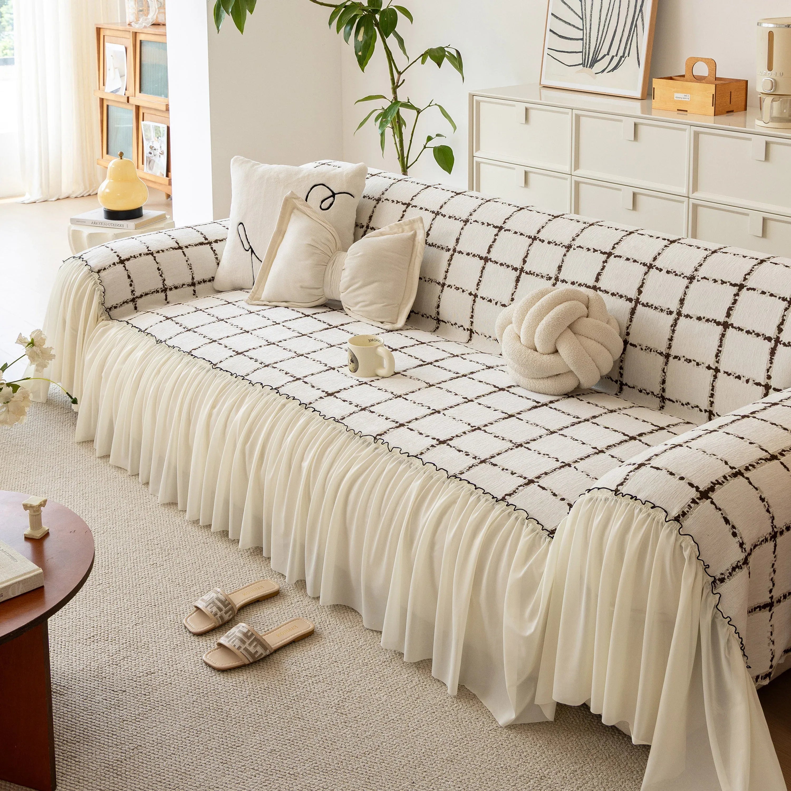 Grid Sofa Cover with Ruffle Skirt – Soft, Decorative, Full-Cover Couch Protector - TaroTextile
